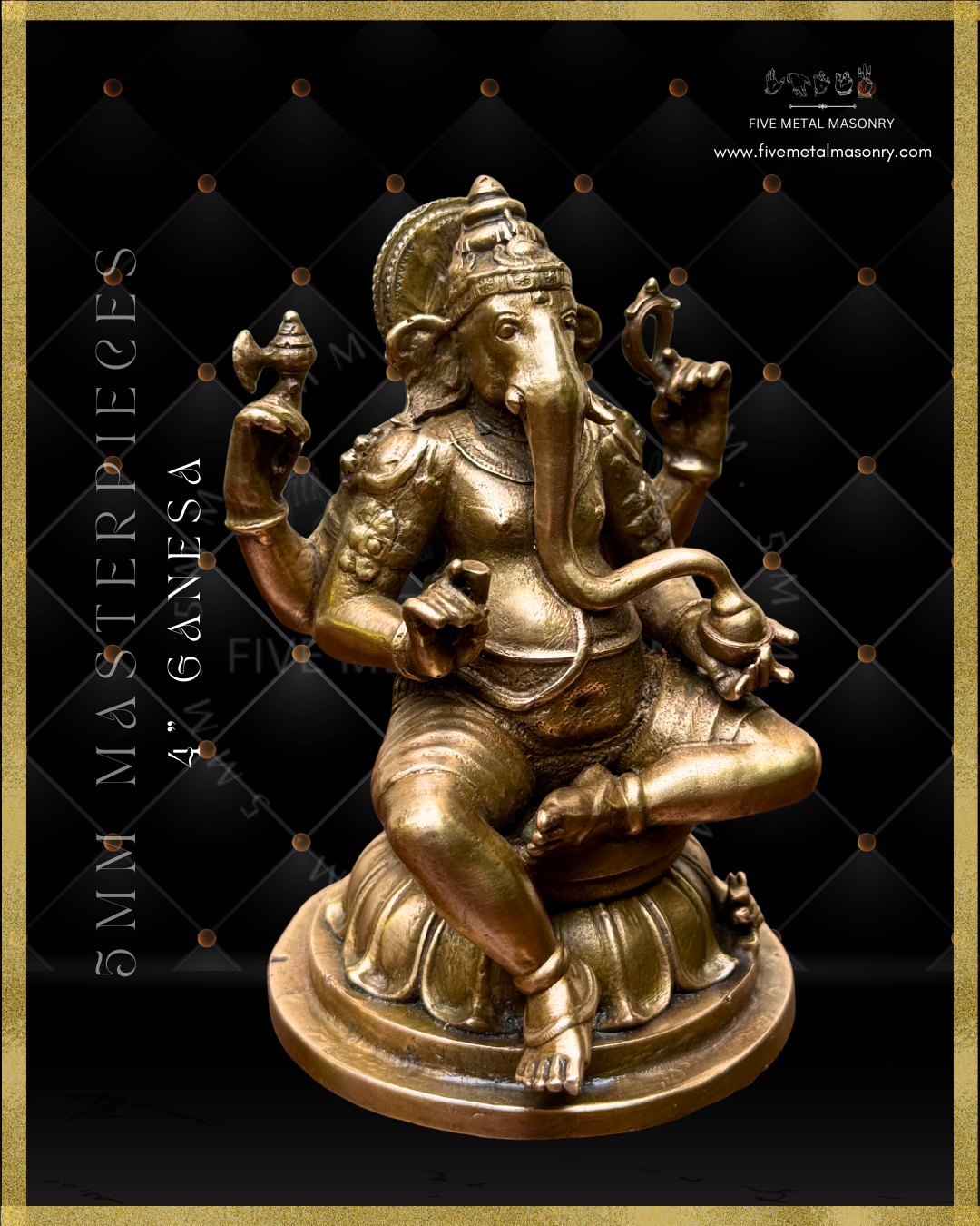 Right profile view of panchaloha bronze seated Ganesha icon from the Masterpieces collection holding goad, noose, broken tusk and modaka, with elongated curved trunk, karanda makuta, lotus pedestal and mouse vahana in South Indian bronze style.