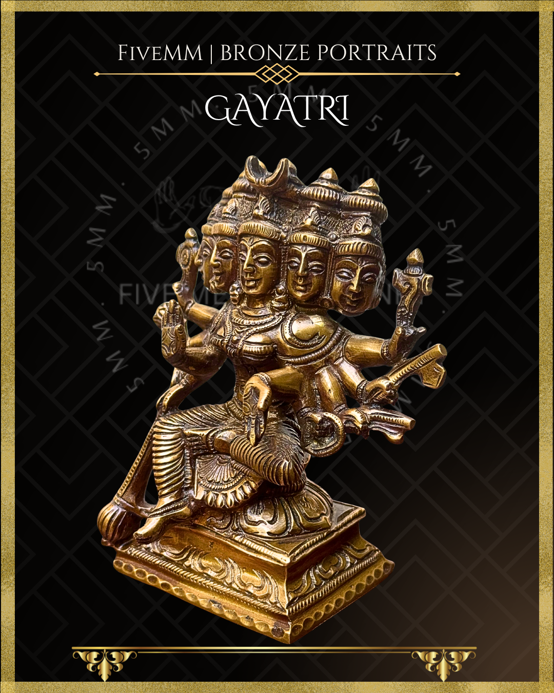 Left profile view of Handcrafted Panchaloha bronze of five-headed, ten-armed Gayatri Devi seated in lalitasana on a padma pitha, holding multiple ayudhas and attributes, following silpa-sastra and traditional iconographic tradition.