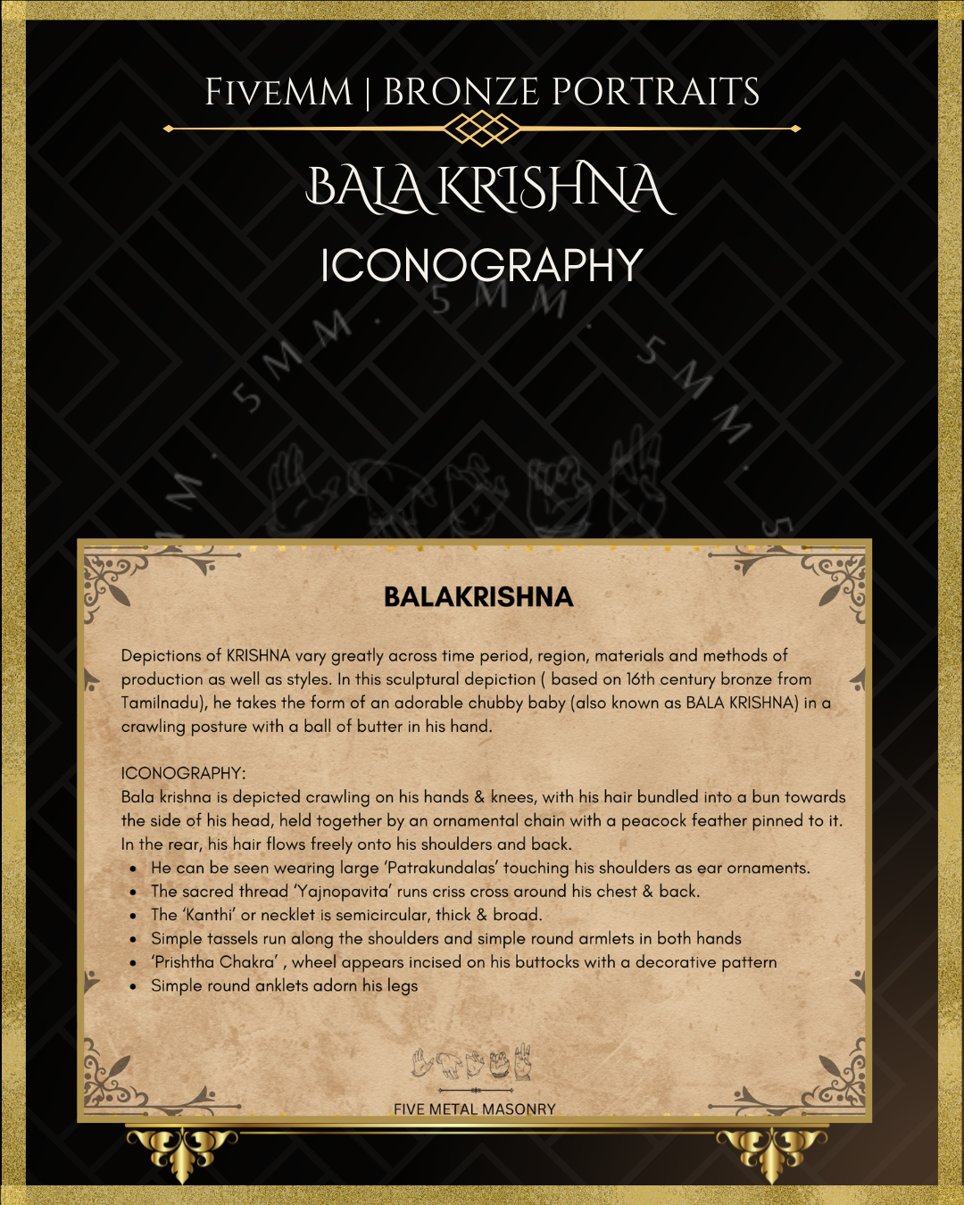 Iconography description of Bala Krishna handcrafted Panchaloha bronze statue in crawling pose, detailed South Indian iconography