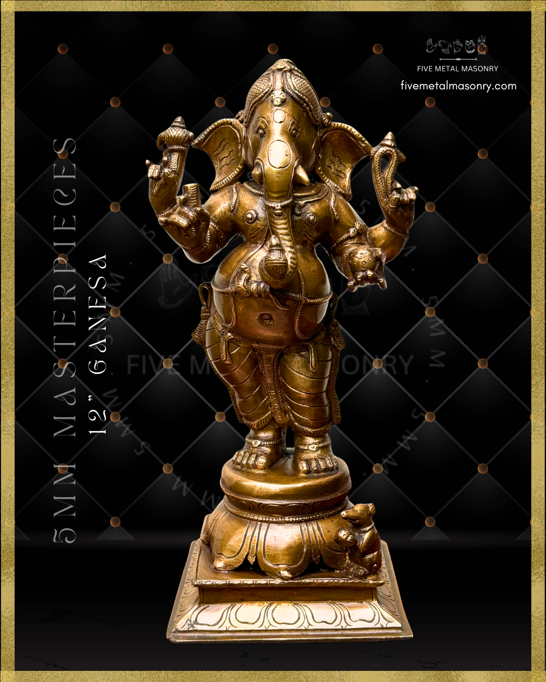 Front view of Handcrafted Panchaloha bronze standing Ganesha from the Masterpieces collection, depicted with four arms holding traditional attributes, long central trunk, detailed ornaments and drapery, standing on a lotus pedestal with musika at his feet.