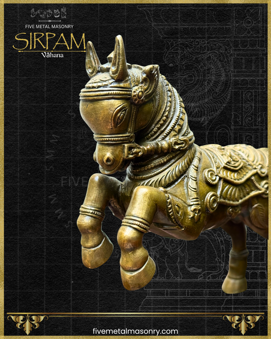 Decorative bronze sculpture of a Horsw Vahana on a black background with brand name 'Five Metal Masonry'.