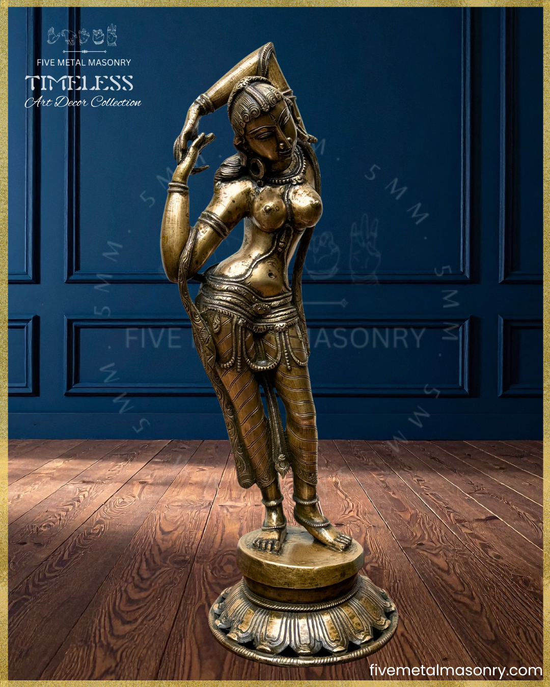 Left profile view of panchaloha bronze Apsara icon from the Timeless collection in a graceful tribhanga stance, with raised arms, detailed jewellery, patterned drapery, lotus pedestal and refined sculptural detailing rooted in South Indian iconographic tradition.