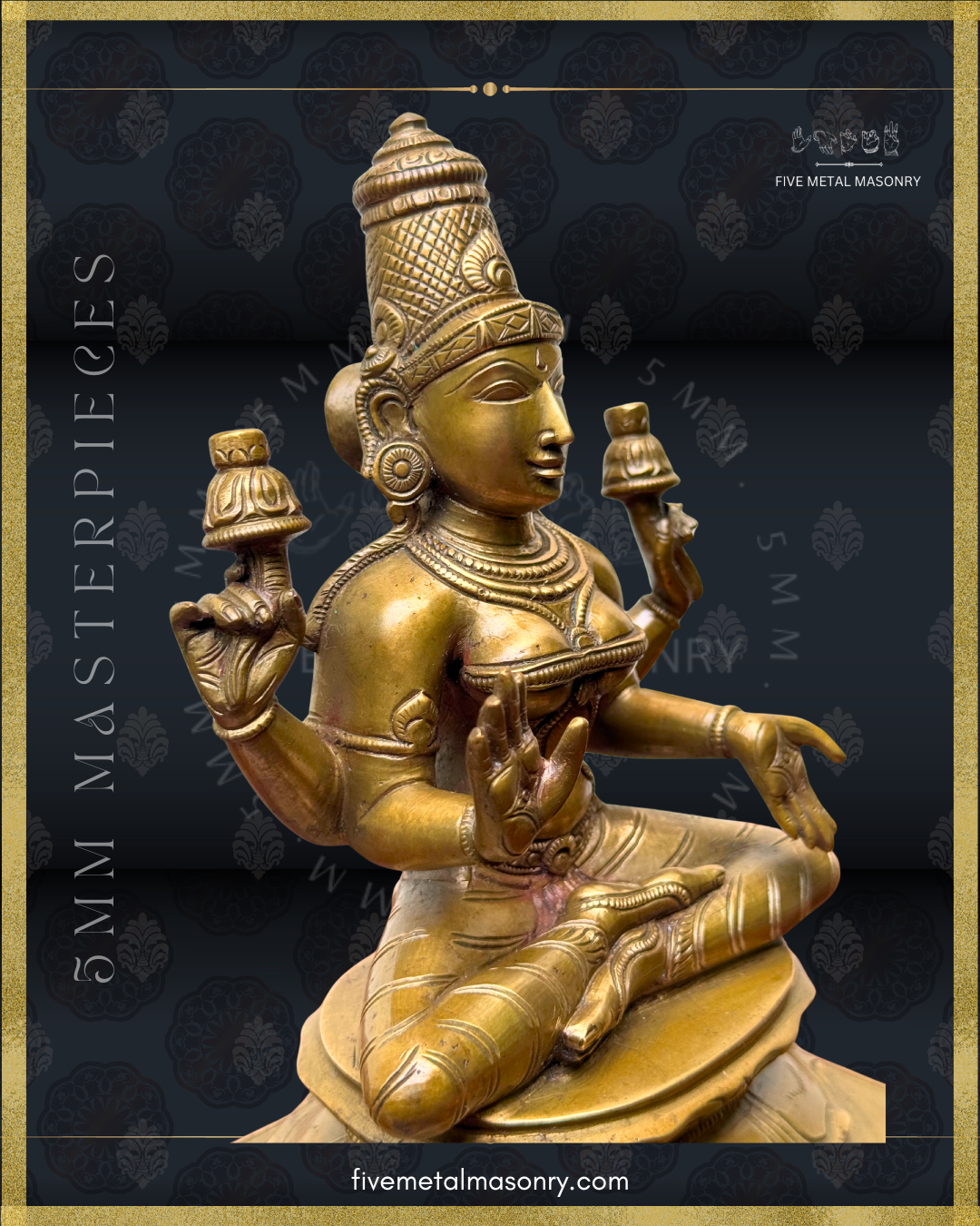 Right side Close-up view of a handcrafted Panchaloha bronze Lakshmi statue from the Five Metal Masonry Masterpieces collection, crafted according to Shilpasastra principles, highlighting her traditional four-armed iconography, lotus attributes, abhaya and varada hastas, serene countenance and finely detailed ornaments.