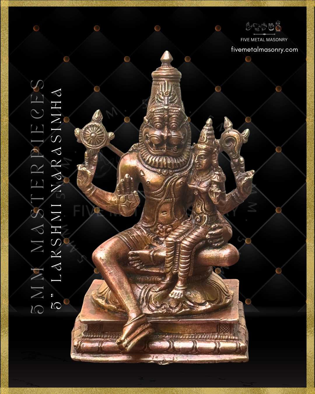 Handcrafted Lakshmi Narasimha Panchaloha bronze from the Masterpieces Collection, crafted in the silpa-sastra and South Indian iconographic tradition, with four-armed Narasimha holding cakra and sankha, and Lakshmi seated on his left thigh holding a padma.