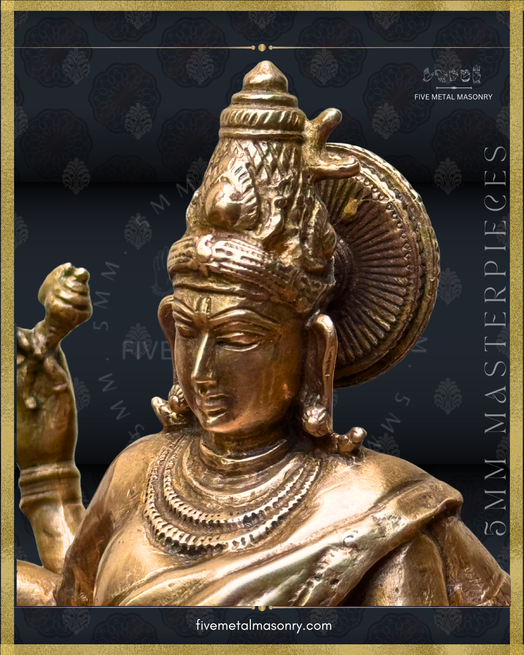 Close-up three-quarter view of handcrafted Panchaloha Matangi bronze icon from the Five Metal Masonry Masterpieces Collection, highlighting her finely modelled facial features, ornate headdress with parrot motif, circular siras-chakra and traditional Shilpasastra iconography.