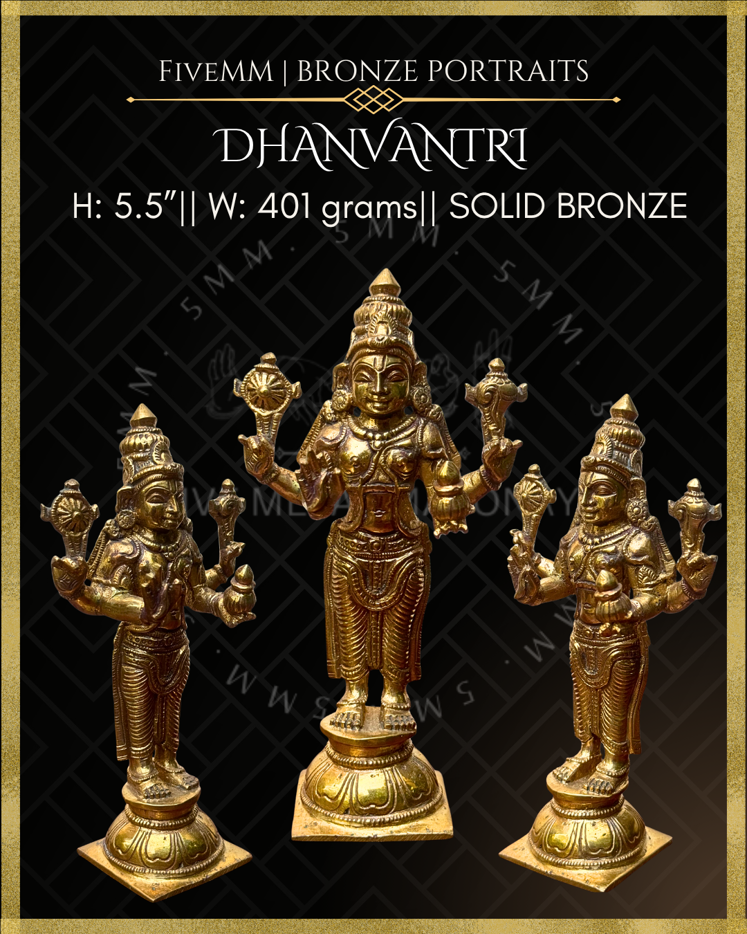 Dimensions and multi-angle view of Handcrafted Dhanvantari Panchaloha bronze statue crafted in the silpa-sastra and traditional iconographic tradition.