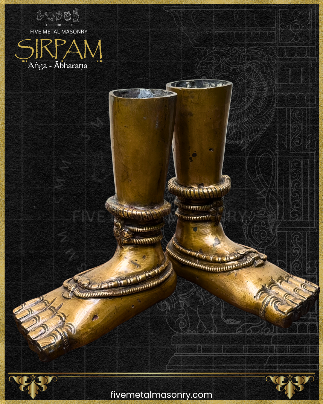 Bronze feet with ornate design on a dark background with 'Five Metal Masonry' branding.