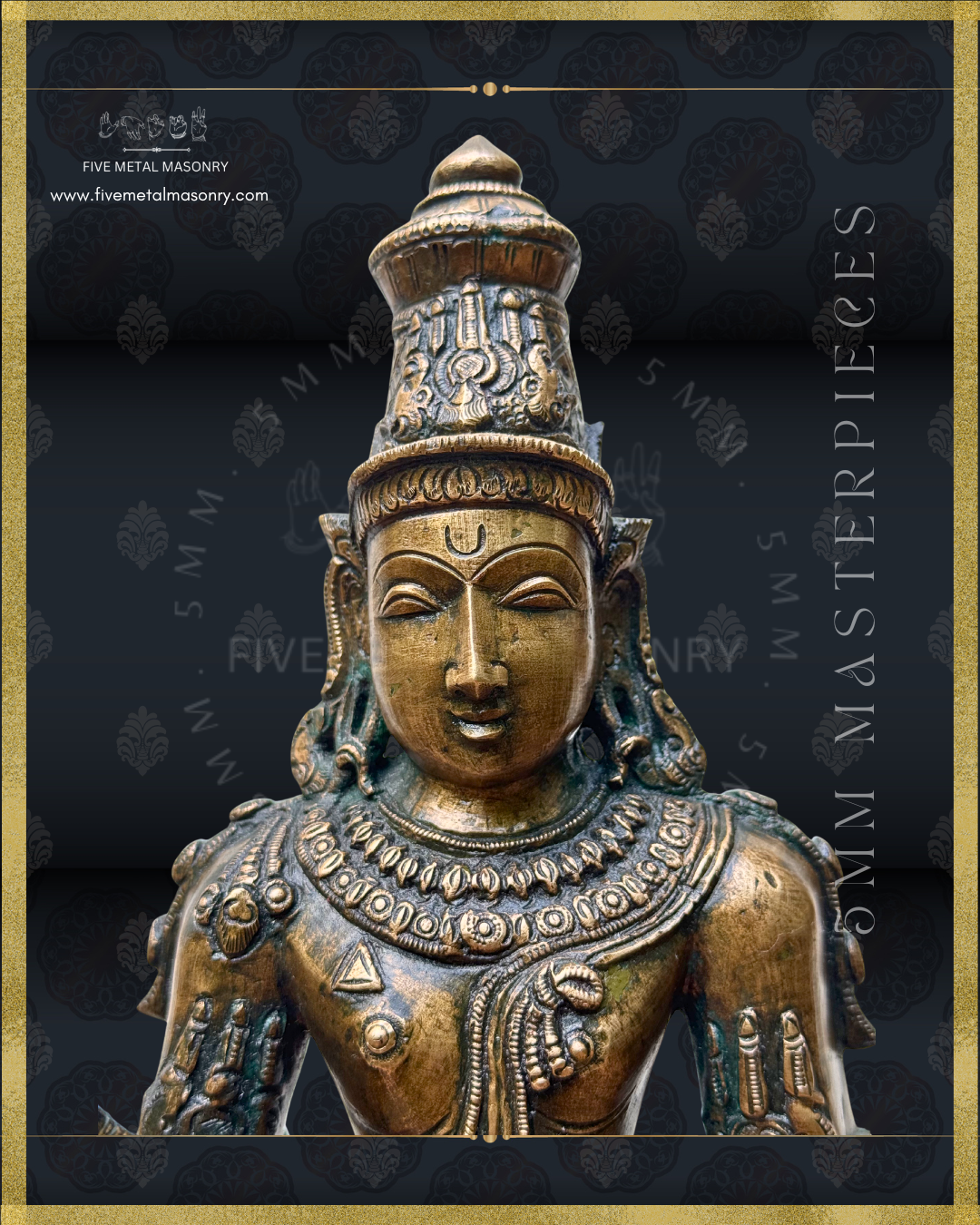 Front close-up portrait of handcrafted Vishnu Panchaloha bronze statue, highlighting the serene facial features, elaborate kirita-makuta, makara-kundalas, layered haras, layered yajnopavita and Srivatsa on the chest, crafted with detailed South Indian iconography in the silpa-sastra tradition.