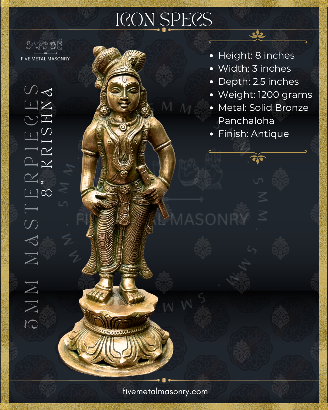 Krishna Panchaloha Bronze statue -  Masterpieces Collection - Iconography per Shilpa Sastra, handcrafted lost wax casting – Product Dimensions