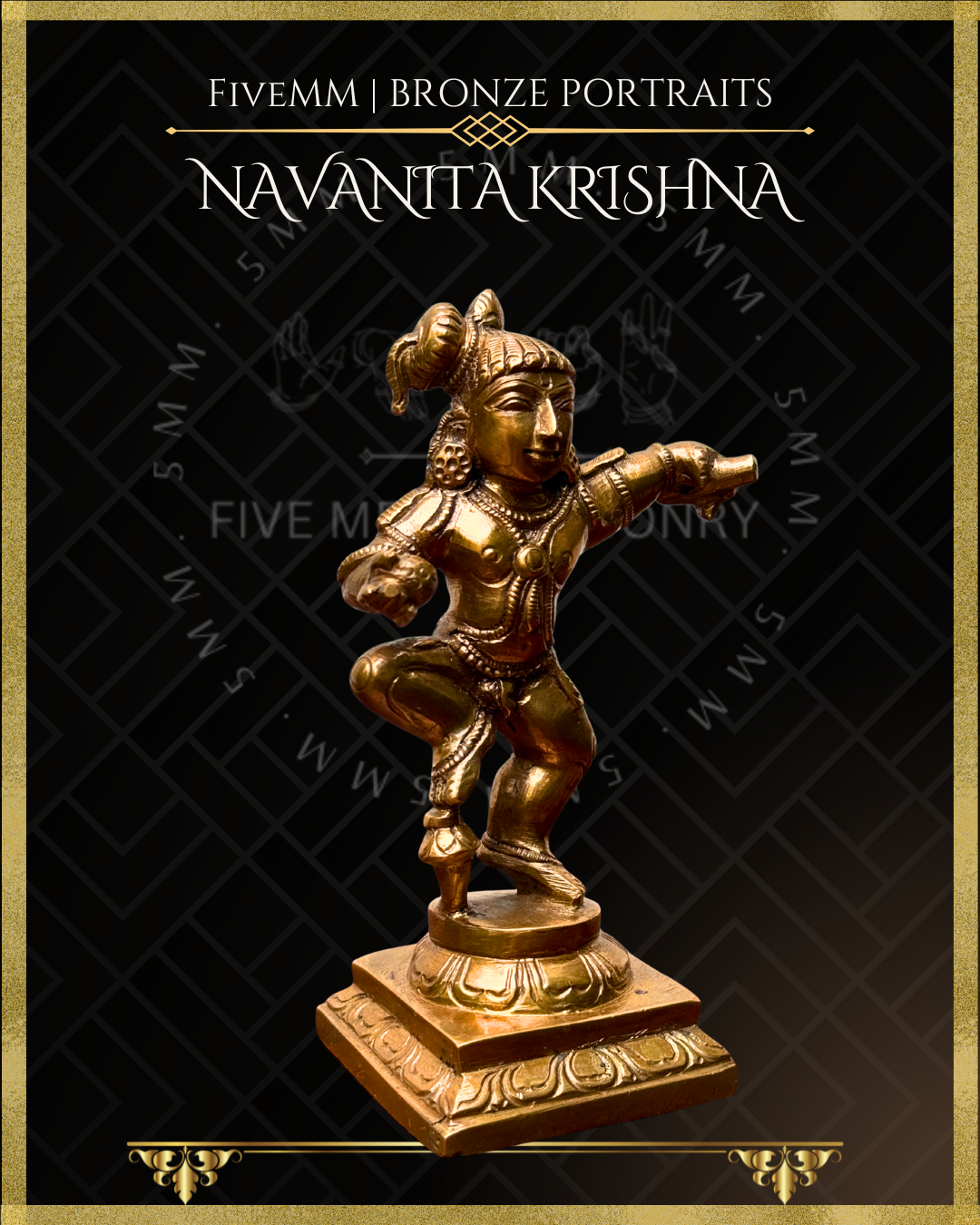 Right profile view of handcrafted Panchaloha Navanita Krishna bronze icon, depicting Bala Krishna dancing with butter in his hands, finely detailed according to traditional Silpasastra principles by Five Metal Masonry.