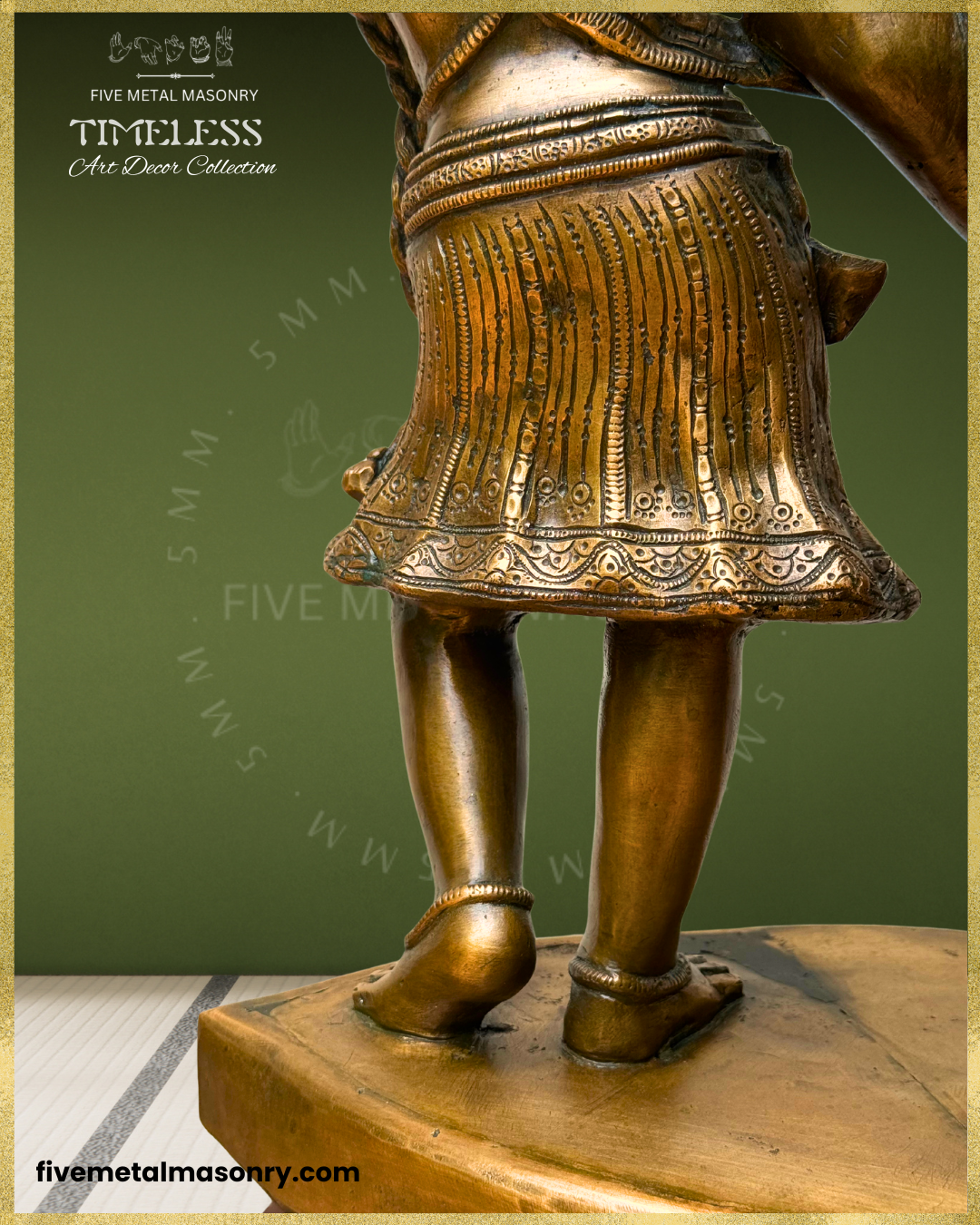 Rear close-up view of Radha in the handcrafted Panchaloha bronze Radha Krishna sculpture from the Timeless Collection, highlighting the finely incised pleated lower garment with patterned hem, layered waistbands, anklets and sculpted feet.