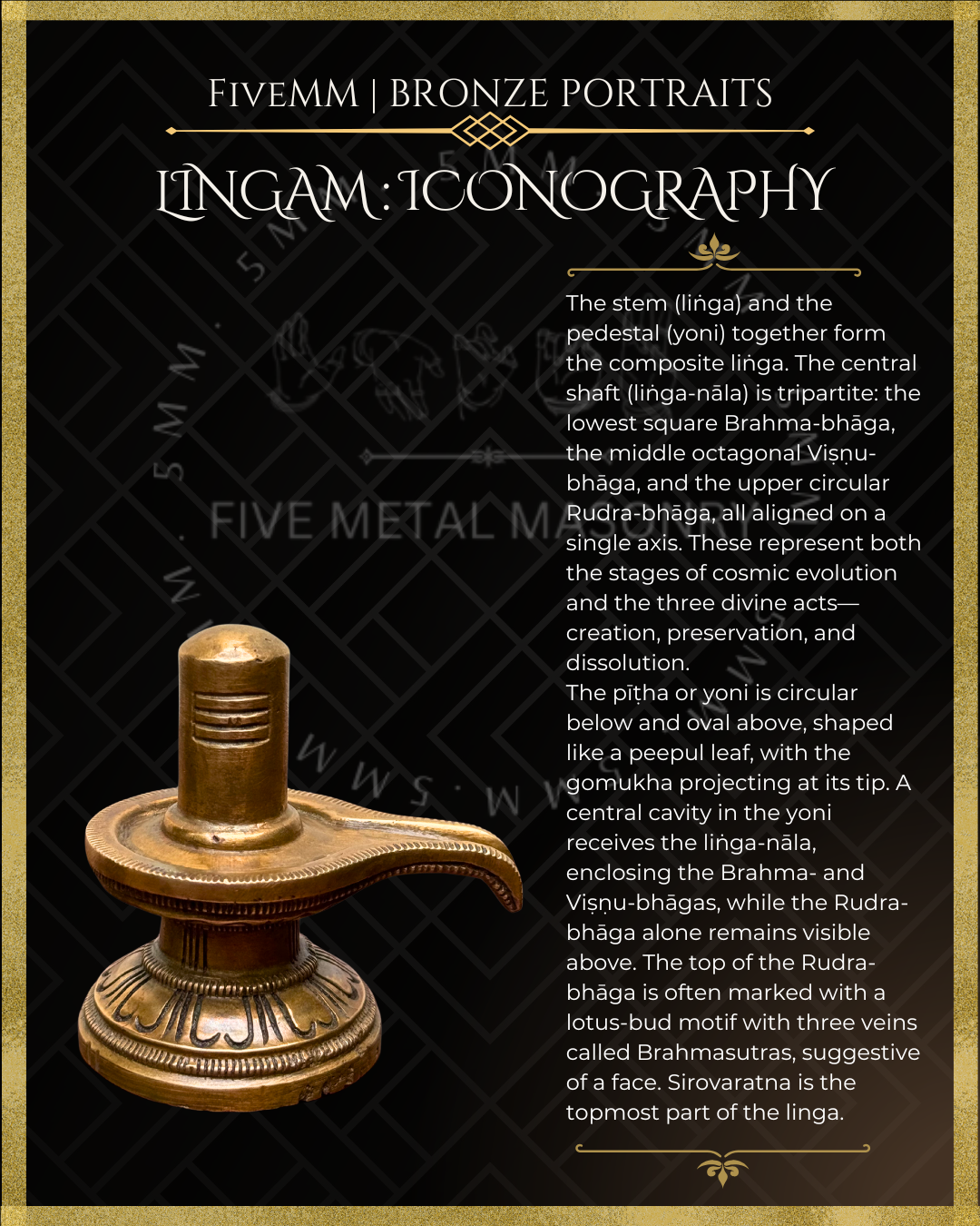 Bronze Lingam with detailed iconography text on a black background