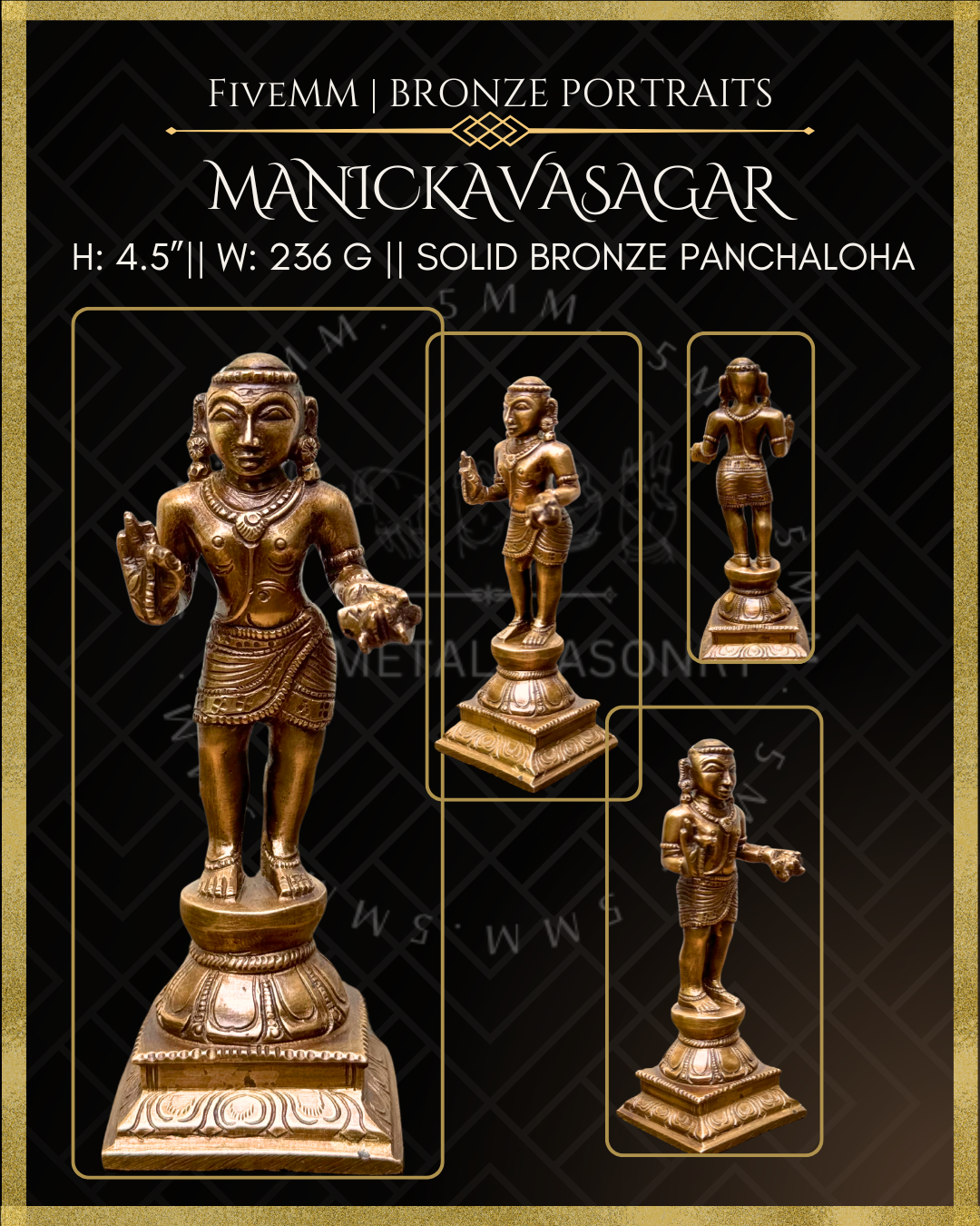 Manickavasagar Panchaloha Bronze statue – Shilpa Sastra iconography, handcrafted lost wax casting – All angles view