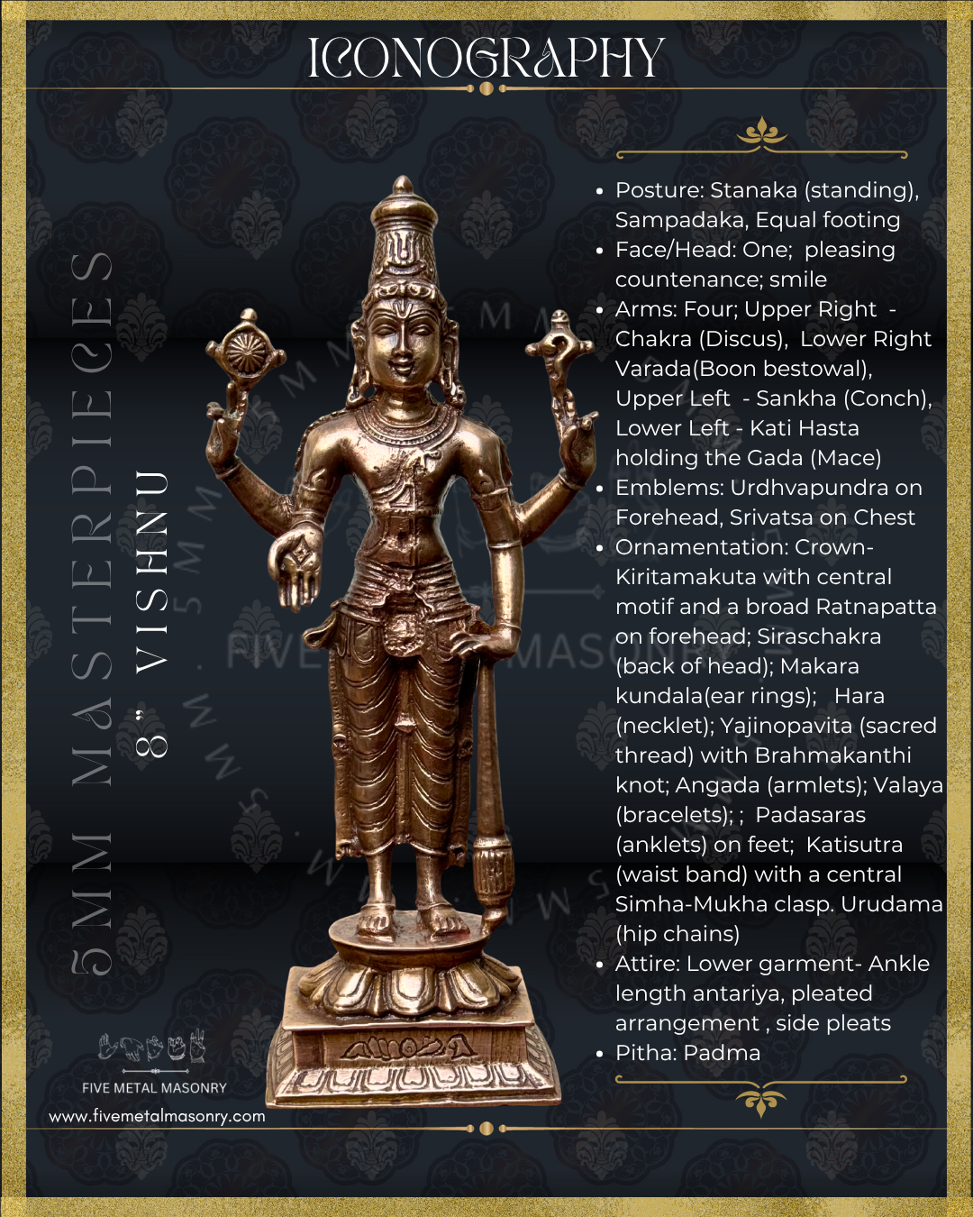 Vishnu Panchaloha bronze statue – Shilpa Sastra iconography, handcrafted lost wax casting – Iconographic description