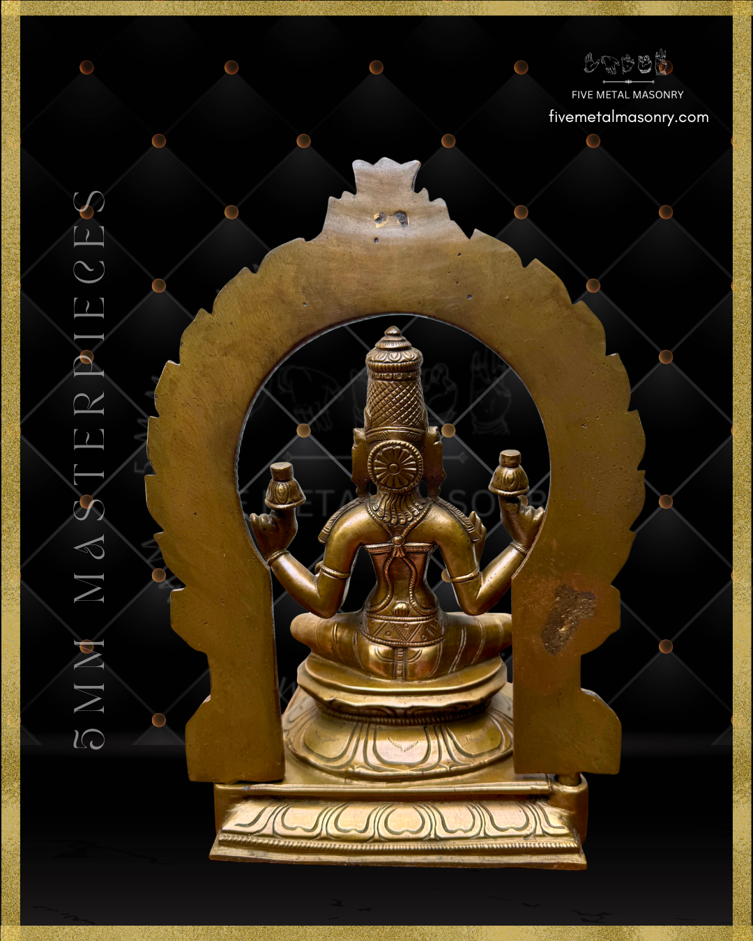 Rear view of handcrafted Panchaloha bronze Lakshmi statue from the Five Metal Masonry Masterpieces collection, crafted according to Shilpasastra principles, featuring traditional South Indian iconography with four arms, lotus attributes, abhaya and varada hastas, and finely detailed ornaments.