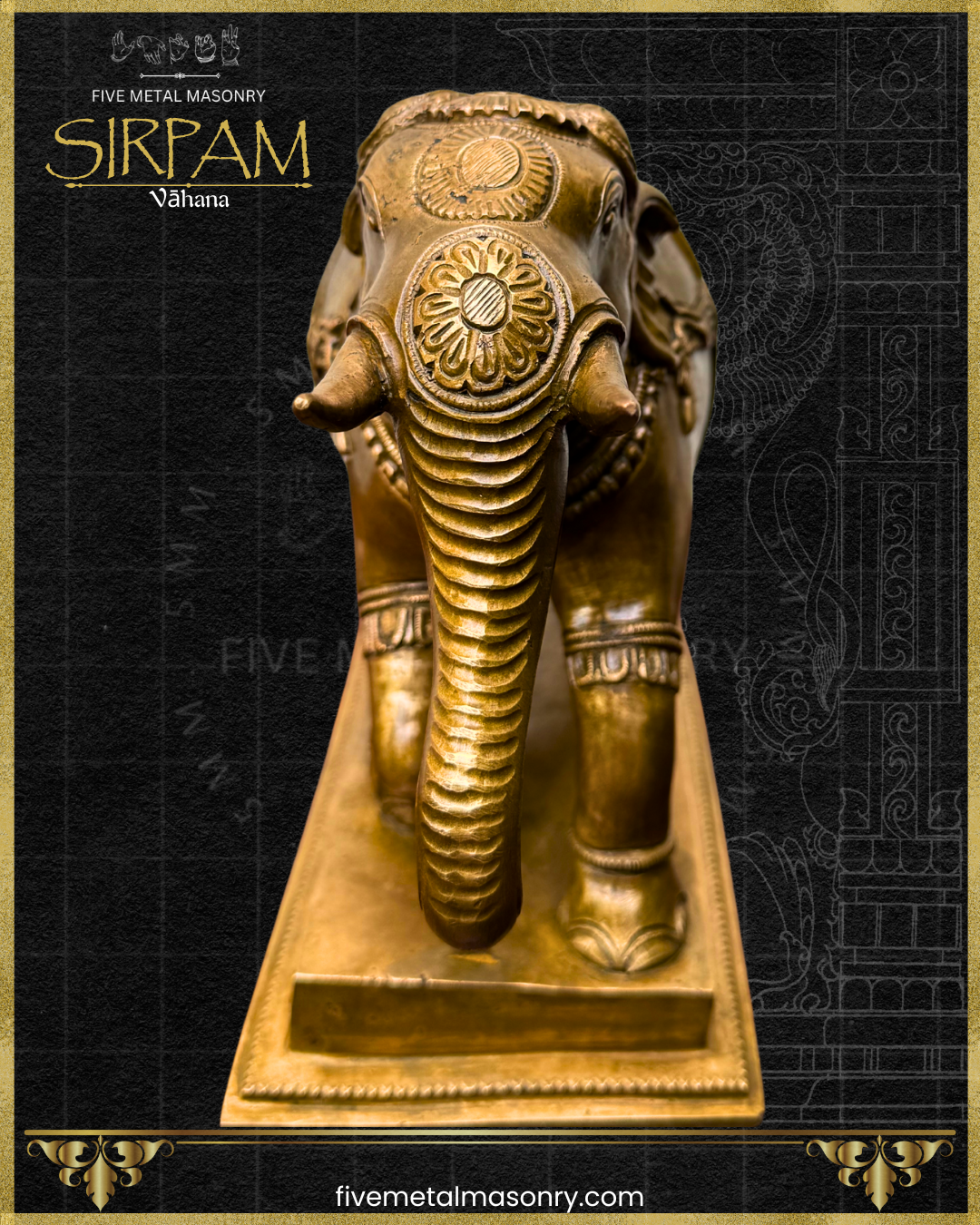 Decorative bronze elephant statue on a black background with 'Five Metal Masonry' branding.