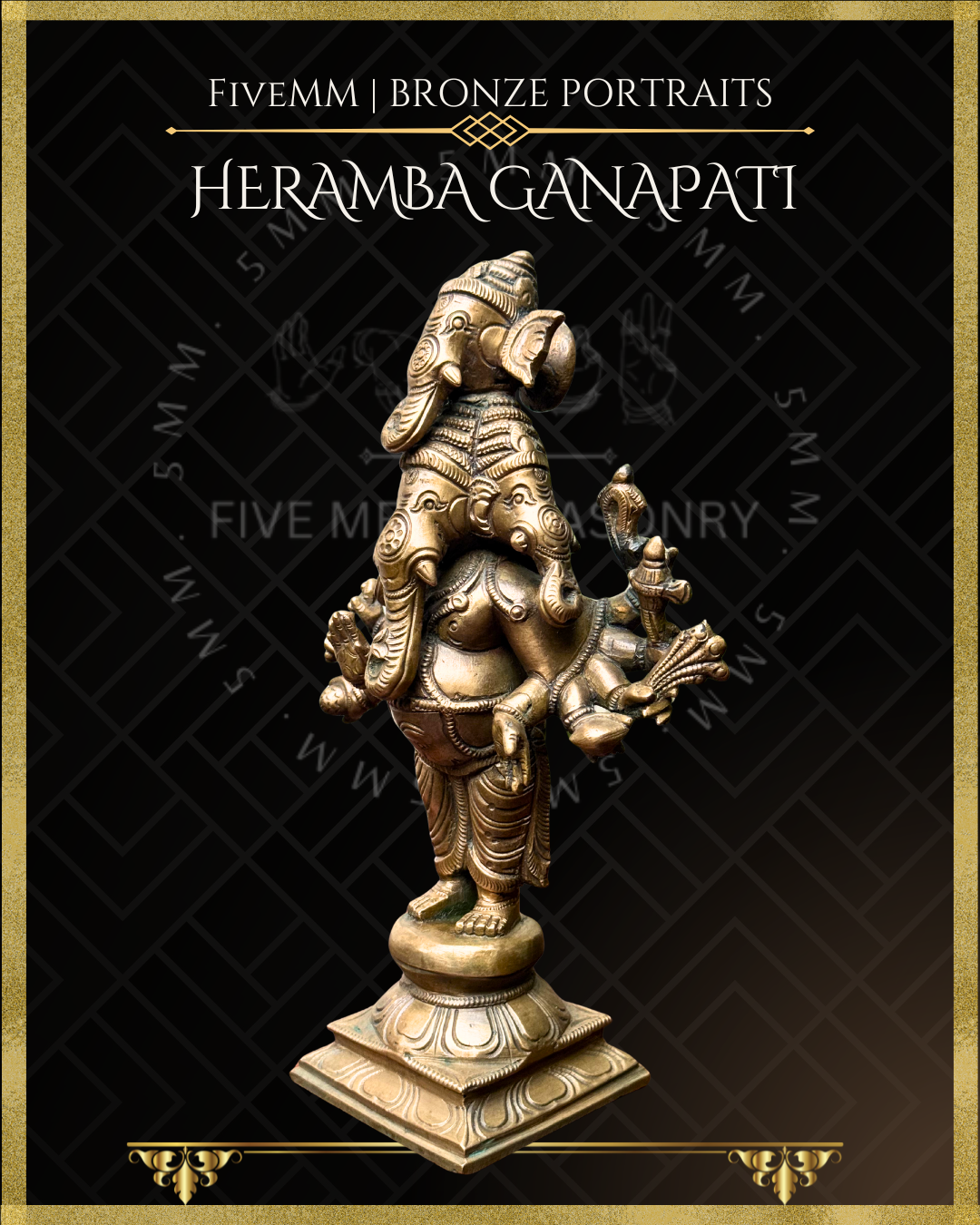 Heramba Ganapati Panchaloha Bronze statue – per Shilpa Sastra iconography, handcrafted by lost wax casting – left facing view
