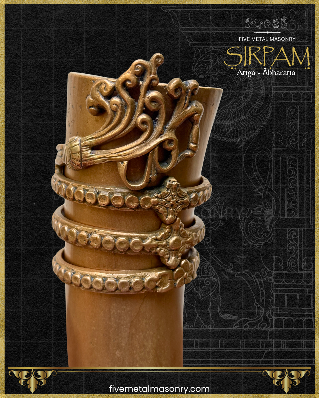 Closeup view of Handcrafted panchaloha bronze sculpture of the Bahu (arm) with ornate Angada armlet and Bahu Valaya arm bangles from the Sirpam Anga Abharana collection by Five Metal Masonry.