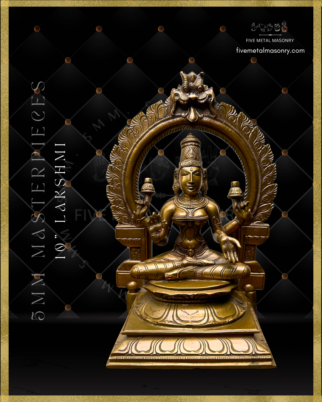 Handcrafted Panchaloha bronze Lakshmi statue from the Five Metal Masonry Masterpieces collection, crafted according to Shilpasastra principles, featuring traditional South Indian iconography with four arms, lotus attributes, abhaya and varada hastas, and finely detailed ornaments.