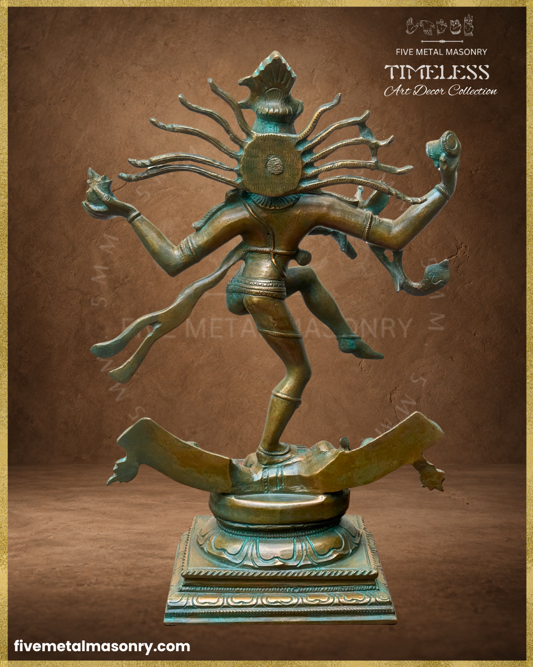 Rear view of Thiruvalangadu style Nataraja Panchaloha bronze, showing the radiating jatas, multiple arms, flowing garment details, dancing posture over Apasmara and the sculpted lotus pedestal.
