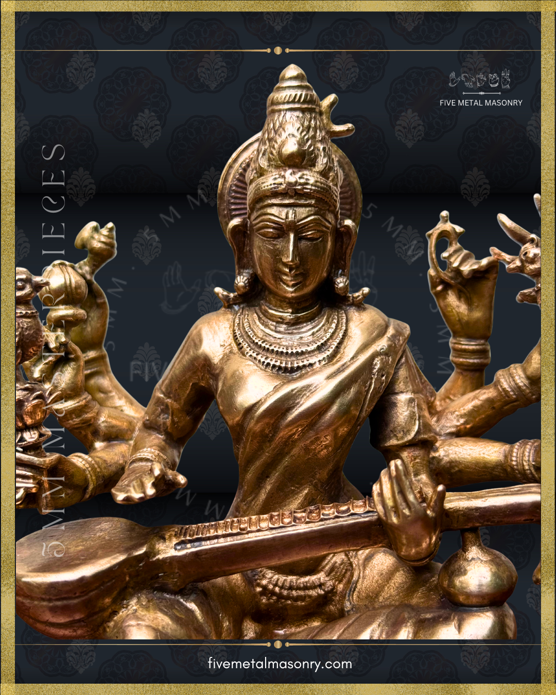 Close-up view of handcrafted Panchaloha Matangi bronze icon from the Five Metal Masonry Masterpieces Collection, depicting the multi-armed goddess with veena, parrot and traditional attributes, crafted according to Shilpasastra iconography.