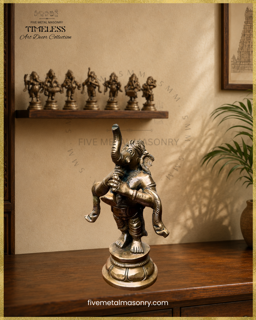 Close-up of a handcrafted panchaloha bronze Ganesha playing the nadaswaram, part of the Musical Ganesha Set from the Timeless Collection 