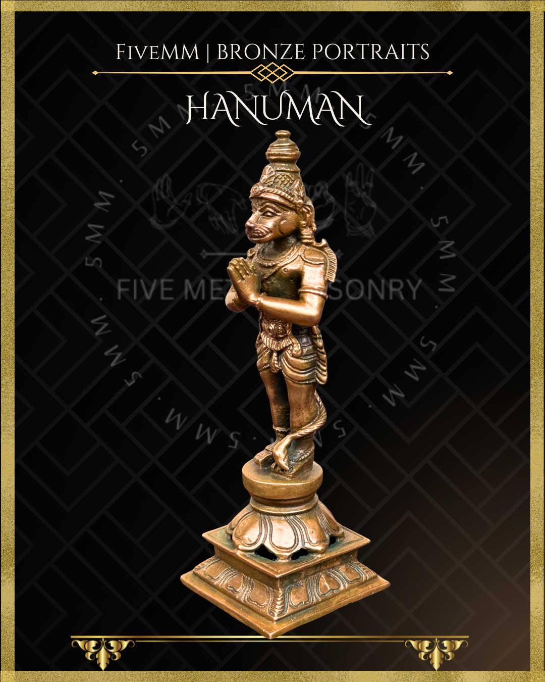 Hanuman -Standing  with Anjali mudra- Panchaloha Bronze statue – per Shilpa Sastra iconography, handcrafted by lost wax casting – Left facing view