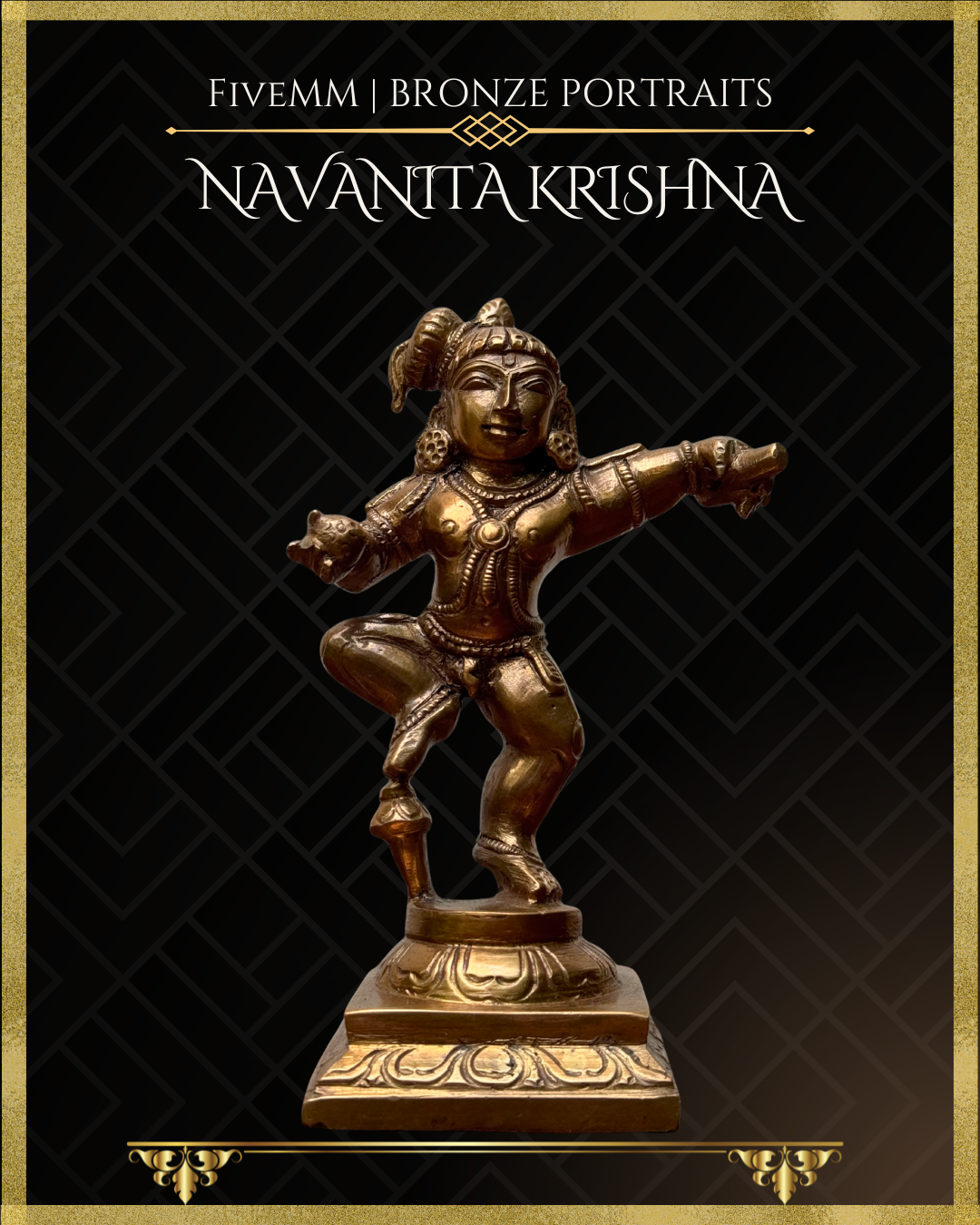 Projected view of handcrafted Panchaloha Navanita Krishna bronze icon, depicting Bala Krishna dancing with butter in his hands, finely detailed according to traditional Silpasastra principles by Five Metal Masonry.