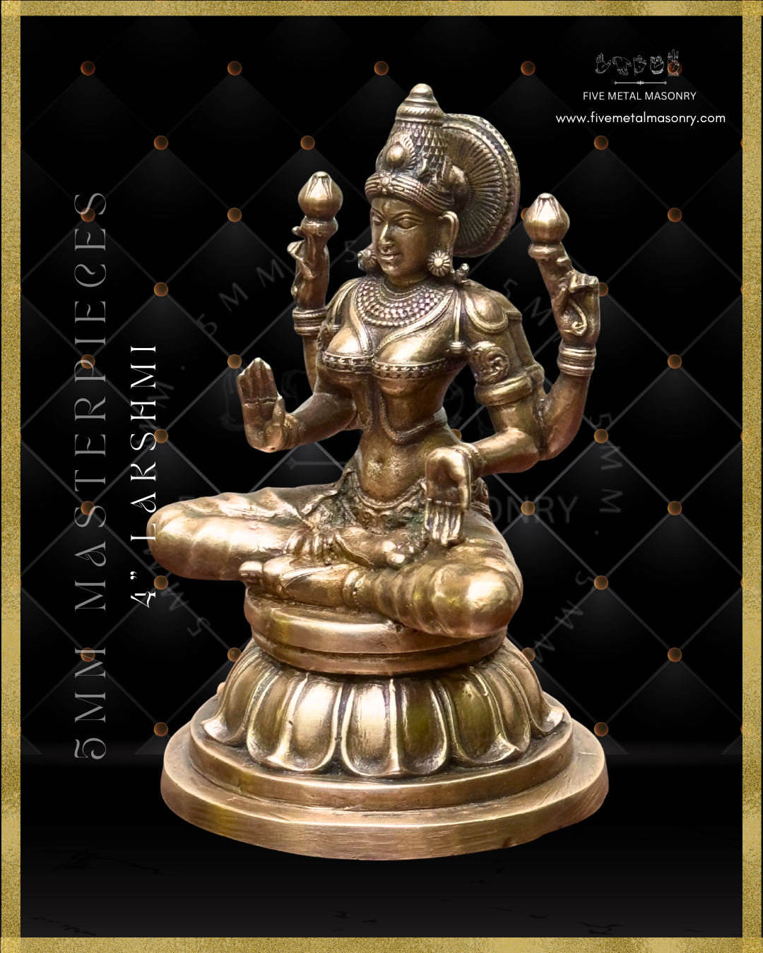 Left profile view of panchaloha bronze seated Lakshmi icon from the Masterpieces collection in padmasana posture, holding lotus buds in the upper hands with lower hands in abhaya and varada hastas, featuring kirita makuta, siraschakra, layered ornamentation and lotus pedestal in South Indian bronze style.