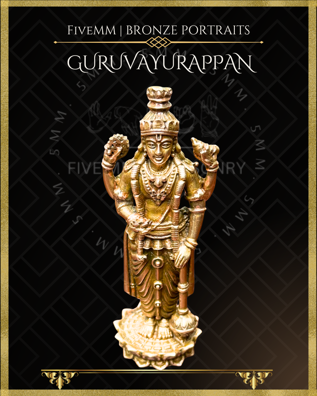 Panchaloha Bronze statue of Guruvayurappan with 'FiveMM' branding on a black background