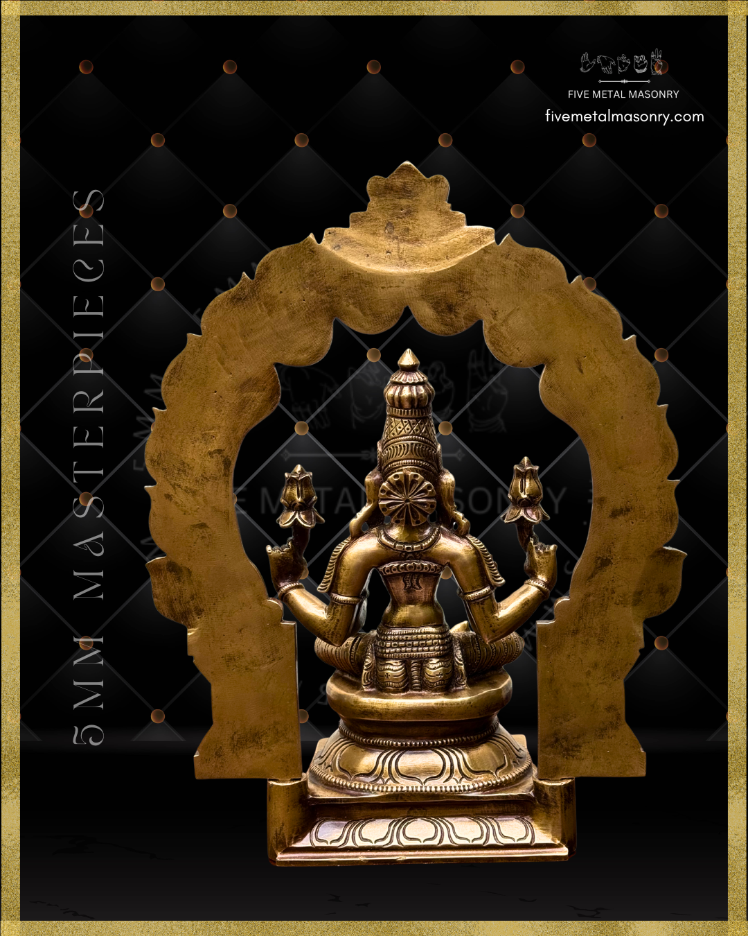 Lakshmi panchaloha bronze statue with intricate detailing and exquisite workmanship on a black background with Five Metal Masonry branding