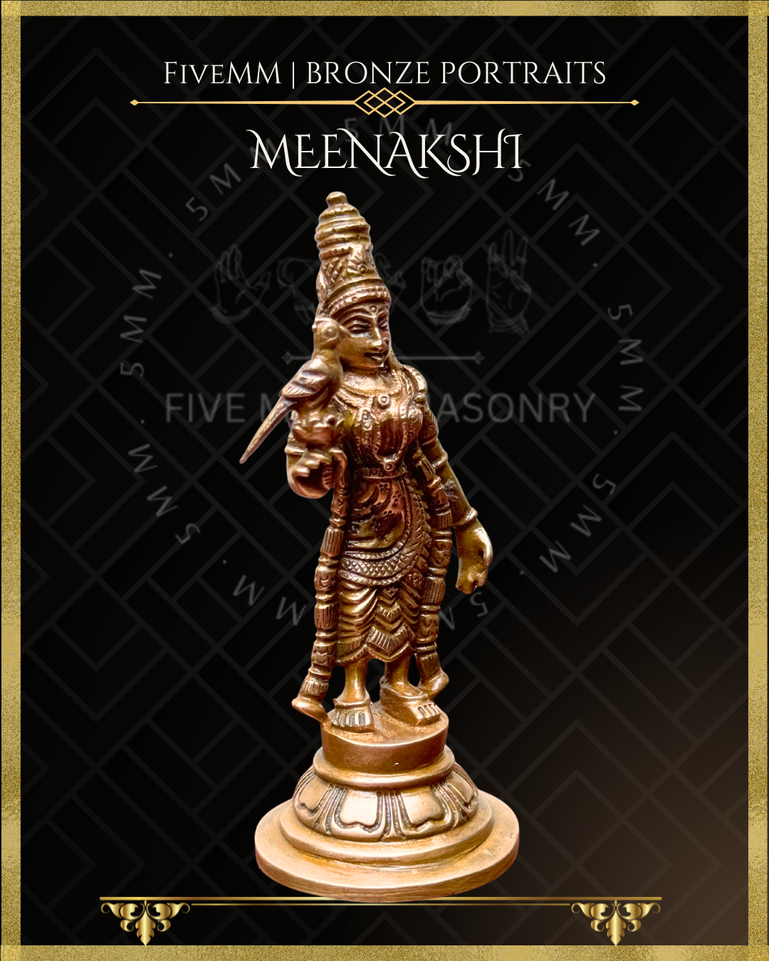 Bronze statue of Parvati as Meenakshi with a bird on a black background with 'Fivemm' branding.