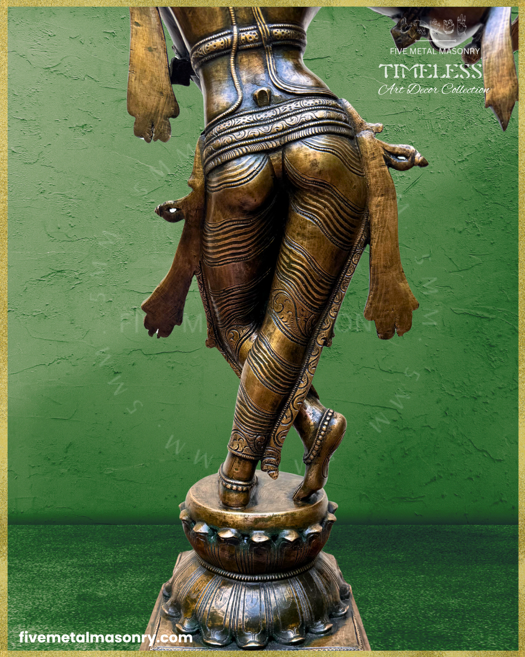 Close-up rear view of handcrafted Panchaloha bronze Venugopala Krishna from Five Metal Masonry’s Timeless Collection, highlighting the crossed legs in svastikasana, intricately detailed drapery, flowing garment ends, anklets and lotus pedestal, with Silpasastra-inspired iconography.