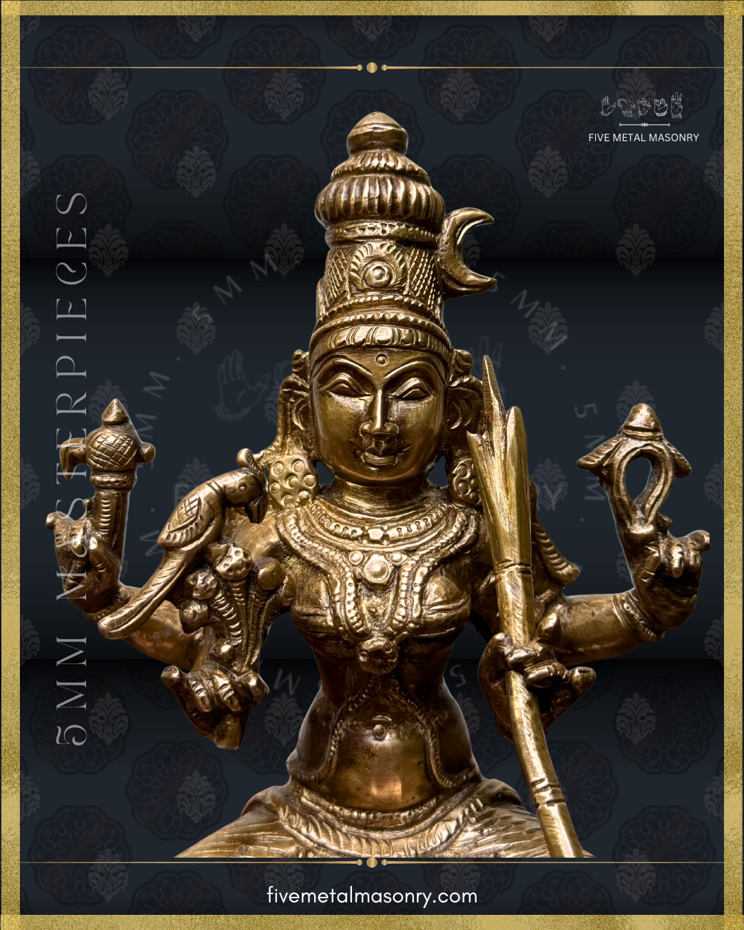 Close-up front view of Panchaloha bronze Kamakshi statue highlighting four-armed iconographic form, sugarcane bow, karanda makuta with crescent motif, ornate necklaces and facial detailing from the Masterpieces collection by Five Metal Masonry.