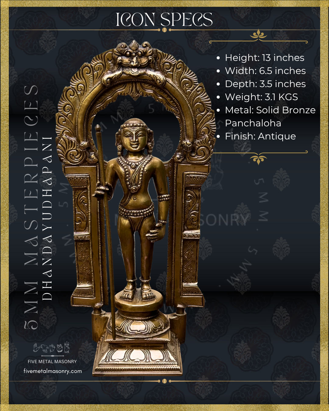 Product details of Dhandayudhapani Murugan Bronze statue -  Masterpieces Collection - Iconography per Shilpa Sastra, handcrafted lost wax casting
