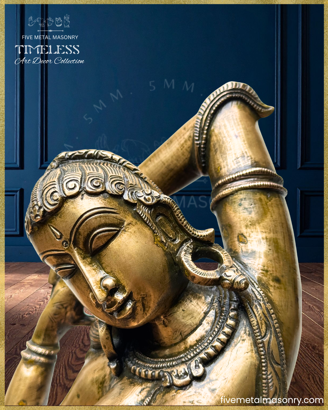 Close-up of a panchaloha bronze Apsara icon from the Timeless collection, showing the face, coiffure, circular ear ornament, layered necklace, and raised-arm pose with refined sculptural detailing rooted in South Indian iconographic tradition.