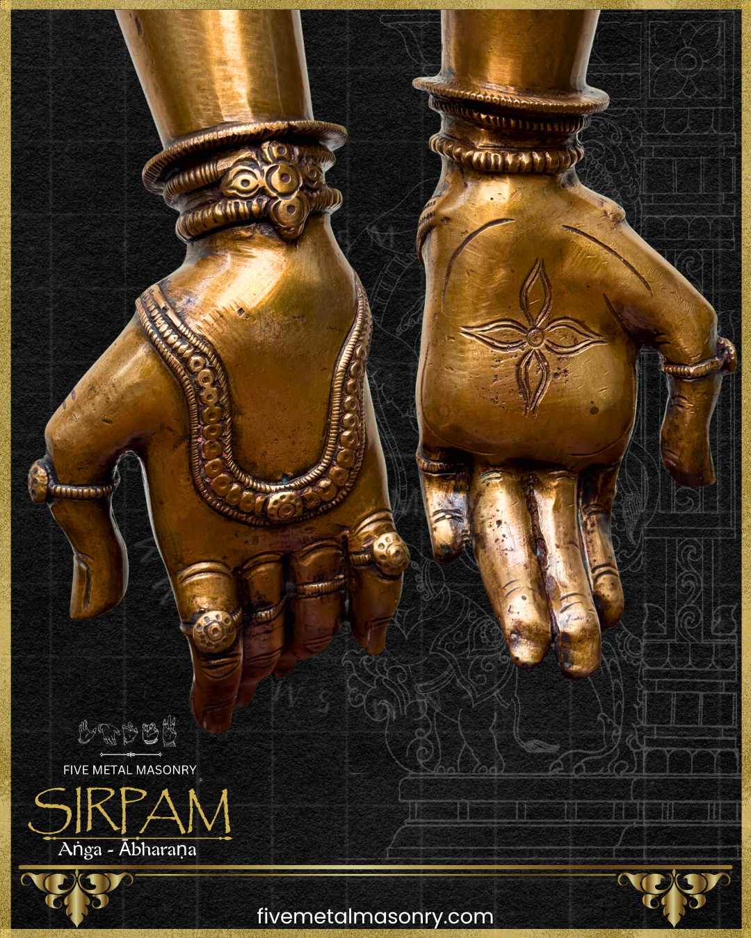 Decorative bronze hand sculpture with intricate jewellery details on a black background, from Five Metal Masonry’s Sirpam collection
