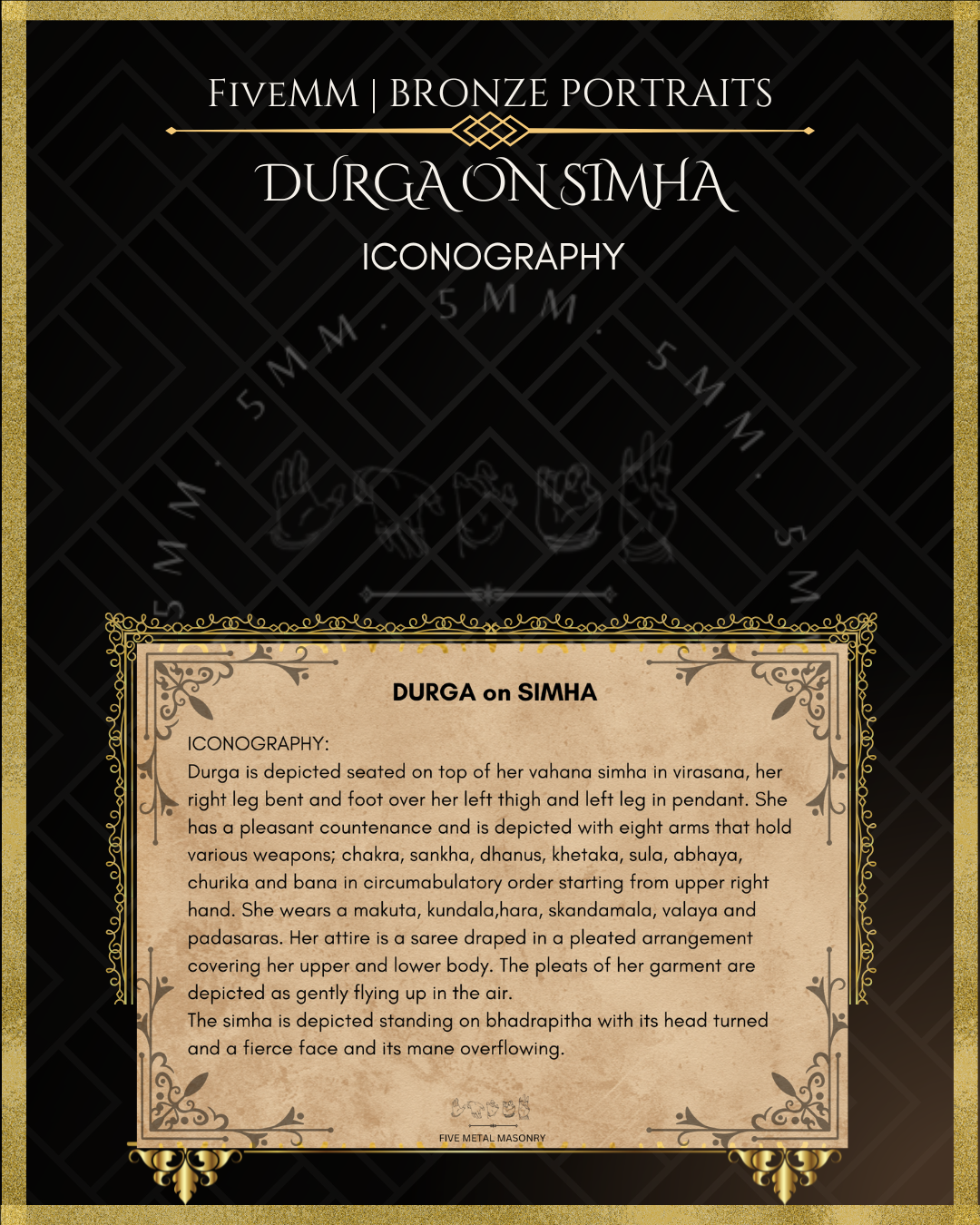Durga On Simha Panchaloha Bronze statue - Shilpa Sastra iconography, handcrafted lost wax casting – Iconographic detailing 