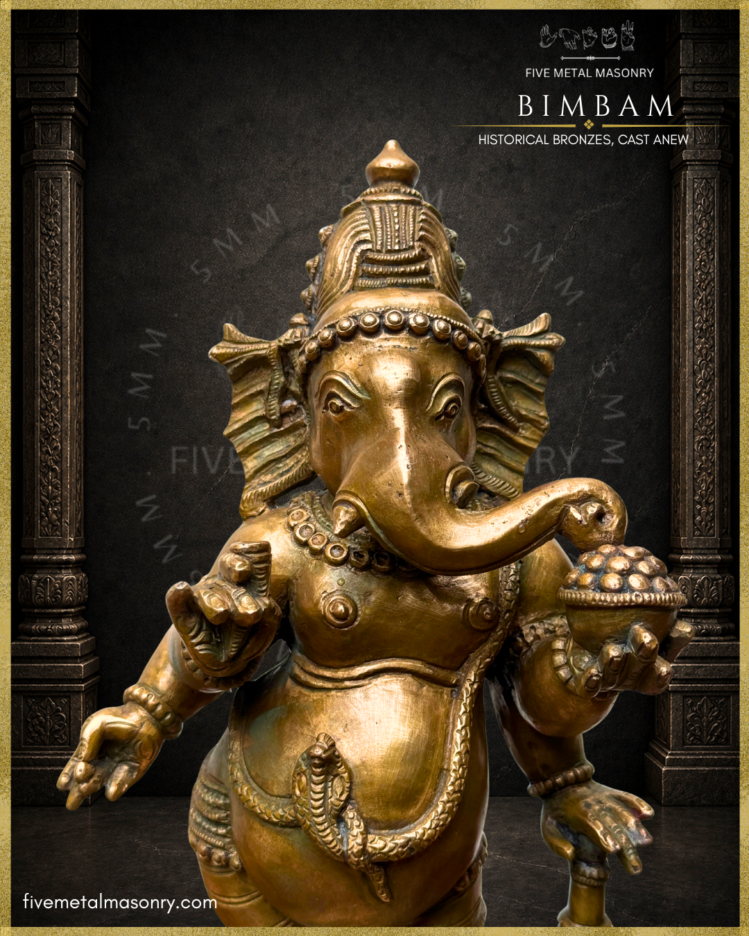 Close-up view of the BIMBAM Thiruvanaikaval Ganesha in handcrafted Panchaloha, highlighting the jata-makuta with lotus crest, broad fan-like ears, sharply curving trunk resting on a cup heaped with sweets, broken tusk, broad necklace and serpent upavita with raised hood.