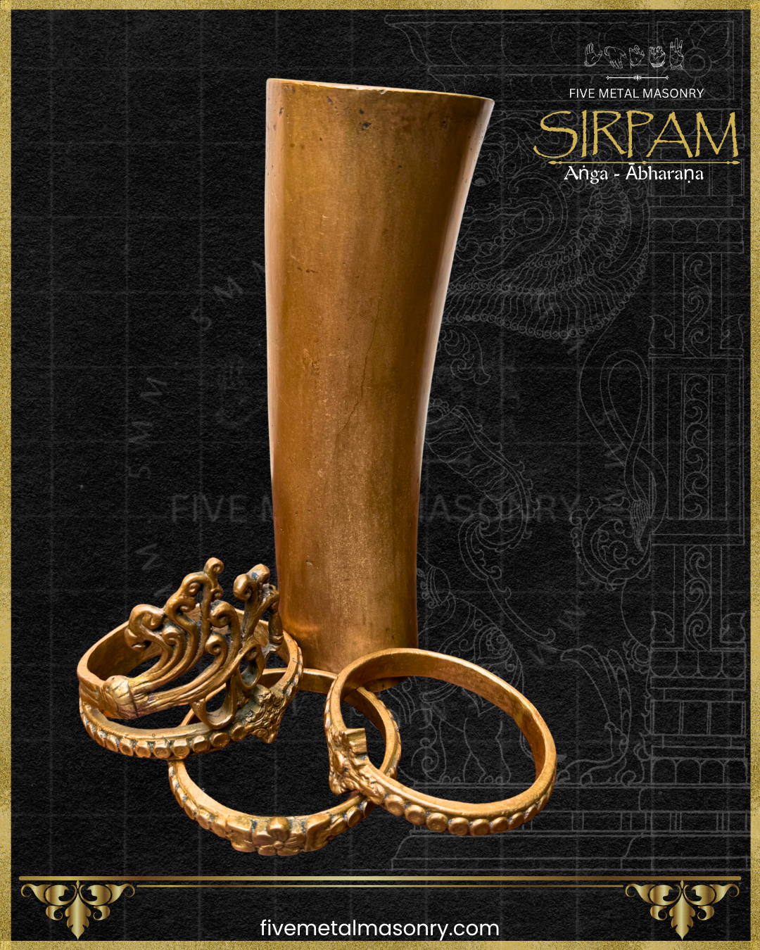 Handcrafted bronze Bahu (arm) with detachable Angada armlet and Bahu Valaya arm bangles from the Sirpam Anga Abharana collection by Five Metal Masonry, showcasing traditional South Indian iconography.