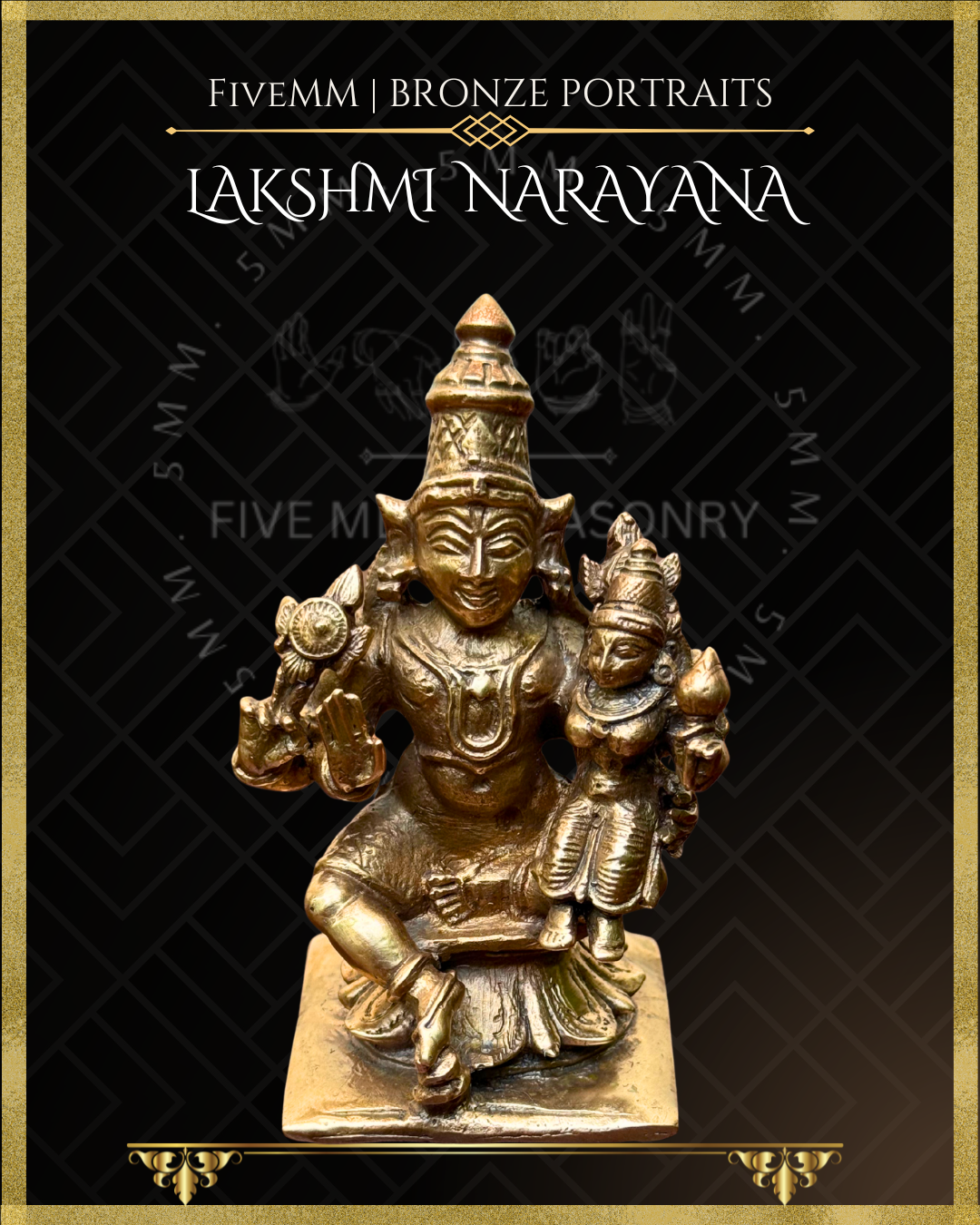 Top angle view of Handcrafted Lakshmi Narayana Panchaloha bronze statue with silpa-sastra aligned iconographic detailing, chakra and sankha, lower right hand in abhaya, and Lakshmi seated on Narayana’s left thigh.
