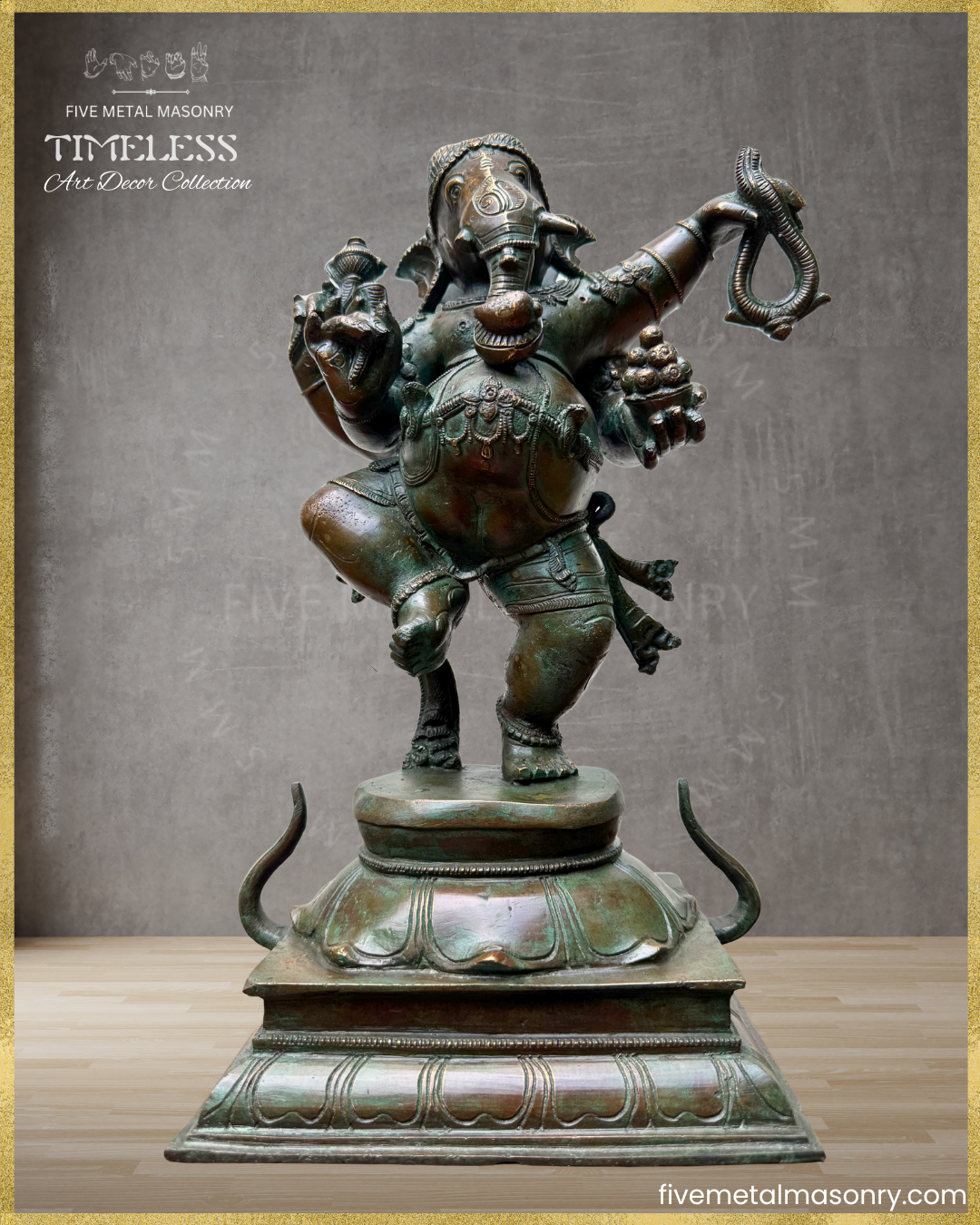 Projected view of handcrafted Panchaloha bronze Nṛtta Dancing Ganesha statue from the TIMELESS Collection, depicted in a dynamic dancing posture with four arms, karanda makuta, lotus pedestal, and antique patina finish.
