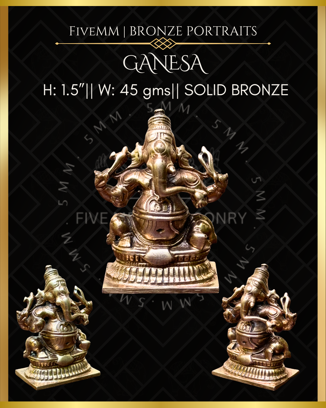 Product dimensions of panchaloha bronze seated Ganesha icon, four armed and holding goad, noose, broken tusk and modaka, featuring elongated trunk, karanda makuta and stylised pedestal in South Indian iconographic tradition.