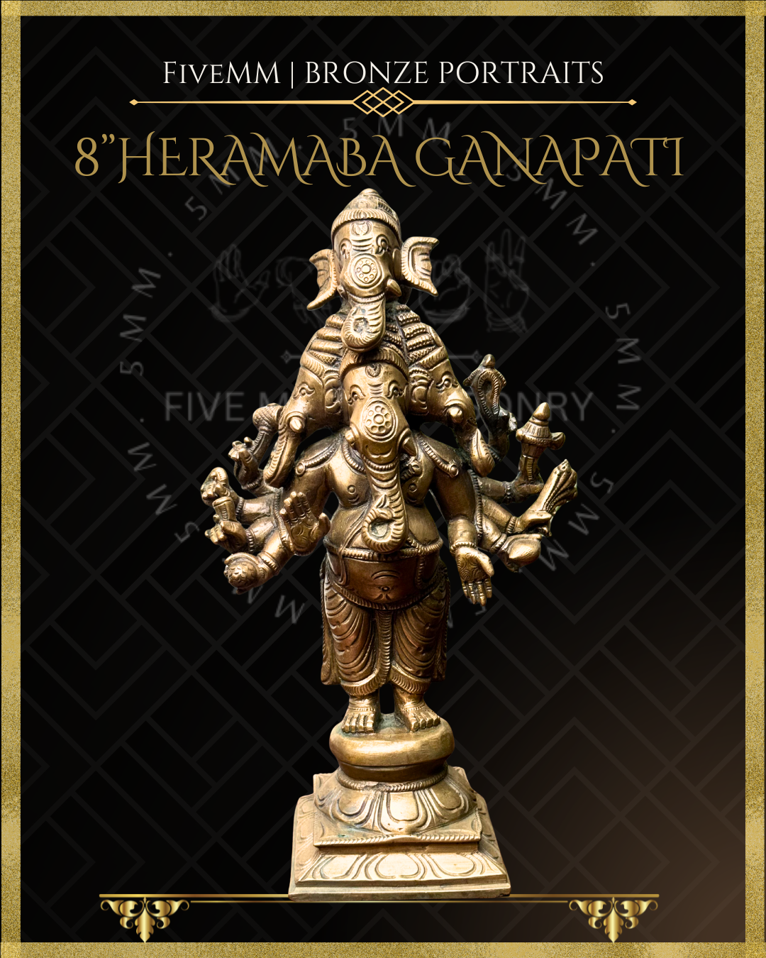 Heramba Ganapati Panchaloha Bronze statue – per Shilpa Sastra iconography, handcrafted by lost wax casting – Front view
