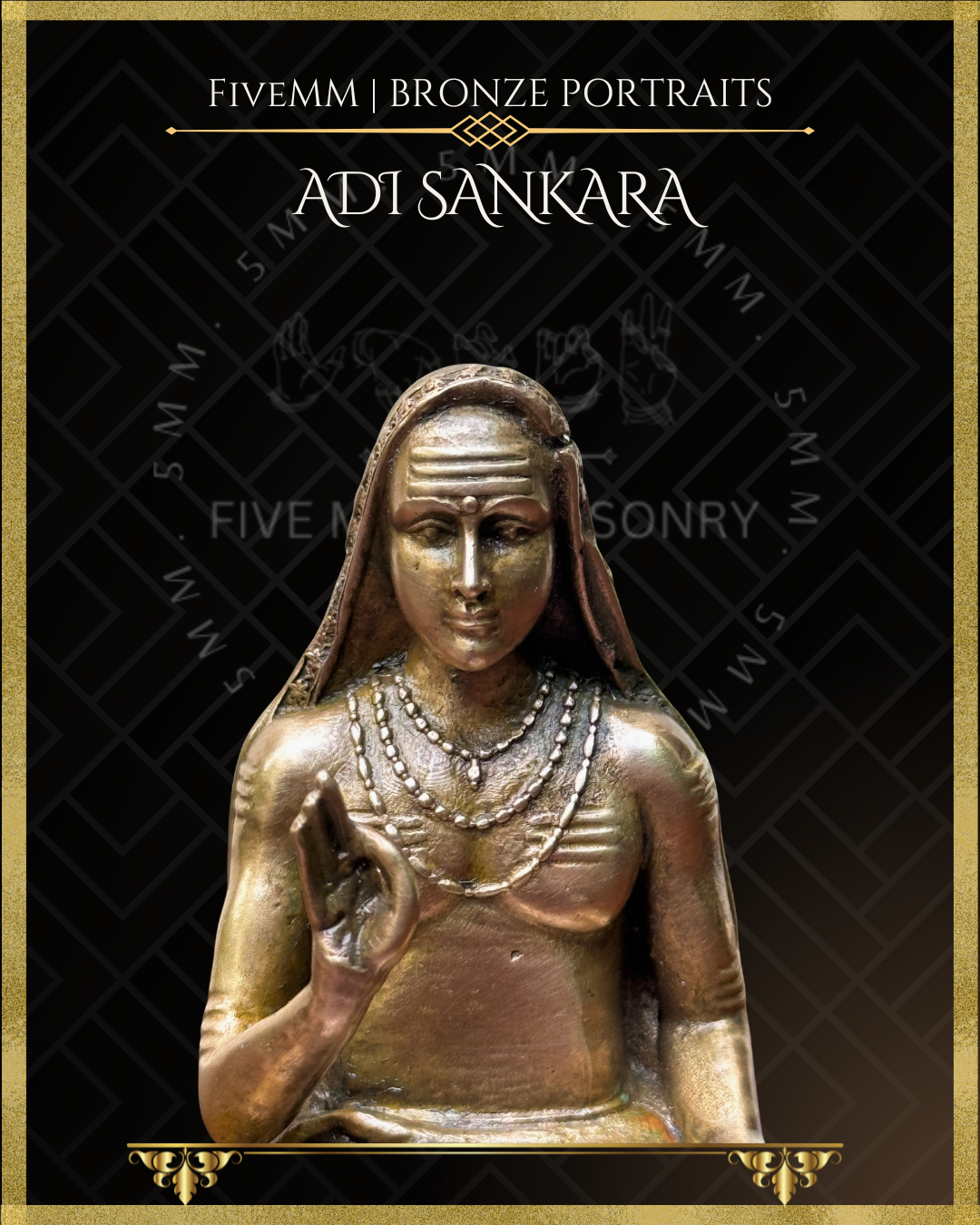 Front closeup view of Handcrafted Panchaloha bronze icon of Adi Shankara featuring the Tripundra on the forehead, a draped head covering, layered necklaces, sacred thread, and simple ascetic attire 