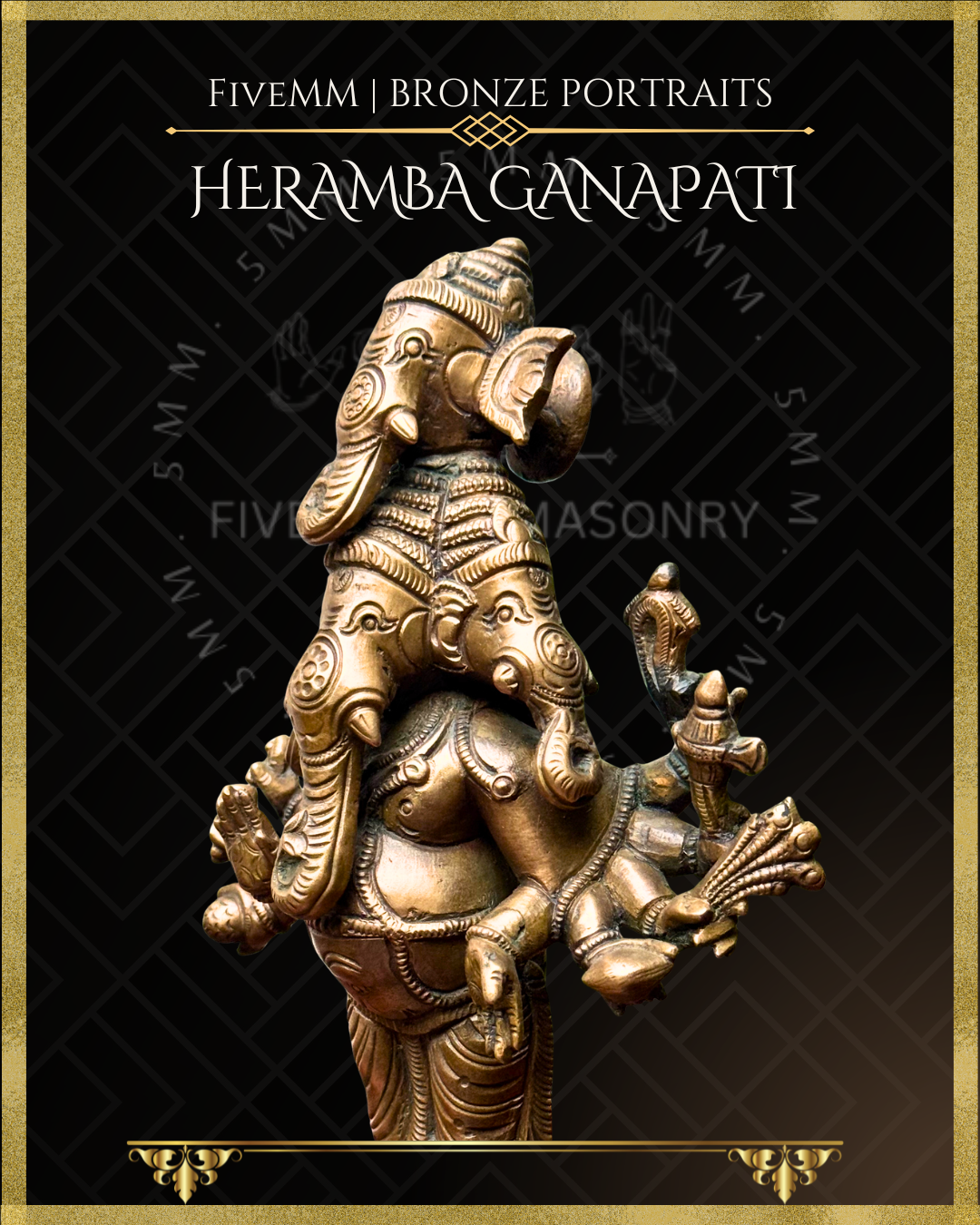 Heramba Ganapati Panchaloha Bronze statue – per Shilpa Sastra iconography, handcrafted by lost wax casting – left closeup view