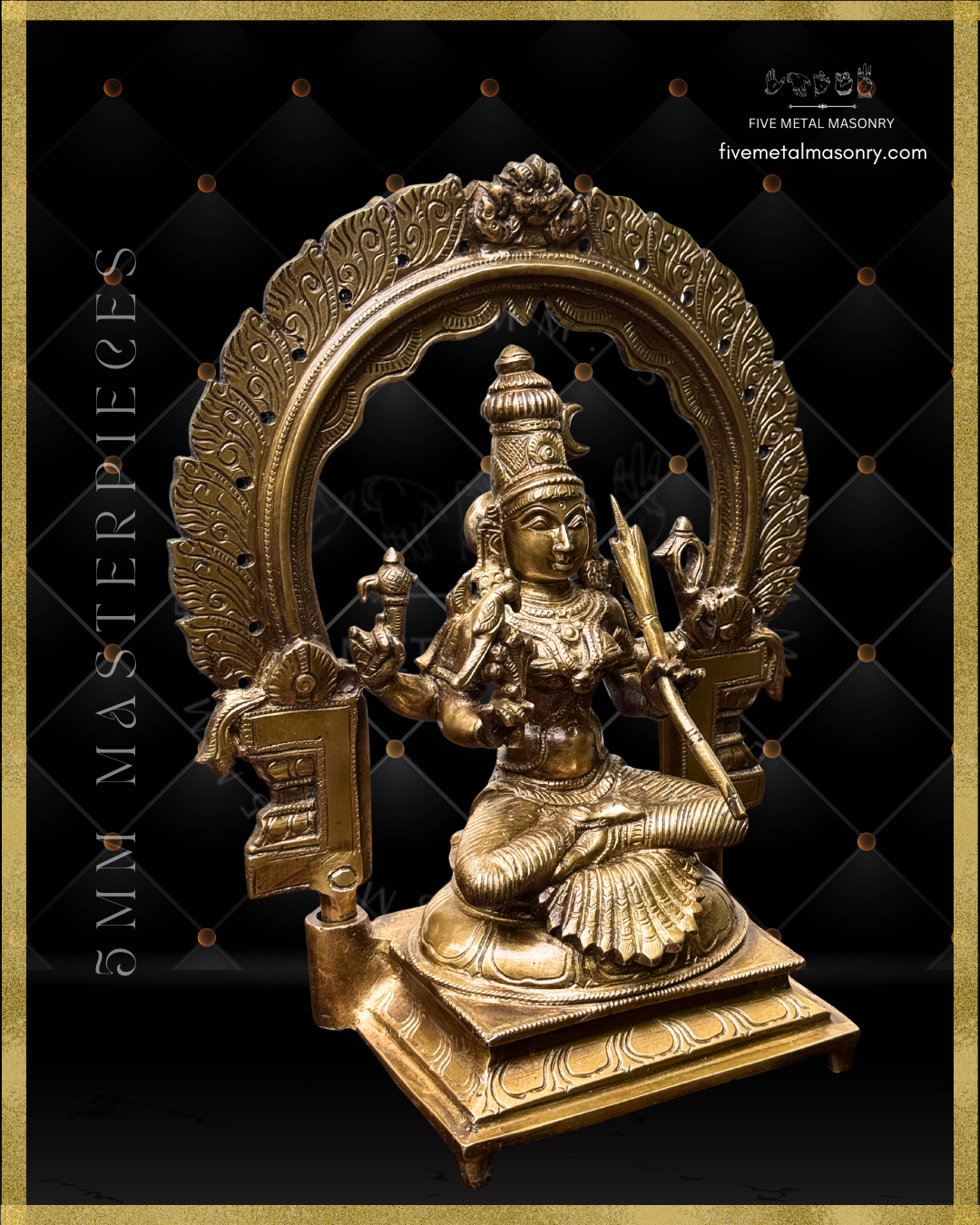 Right profile view of Panchaloha bronze Kamakshi statue seated beneath ornate prabhavali arch, showing four-armed South Indian iconographic form with detailed ornaments and karanda makuta from the Masterpieces collection by Five Metal Masonry.