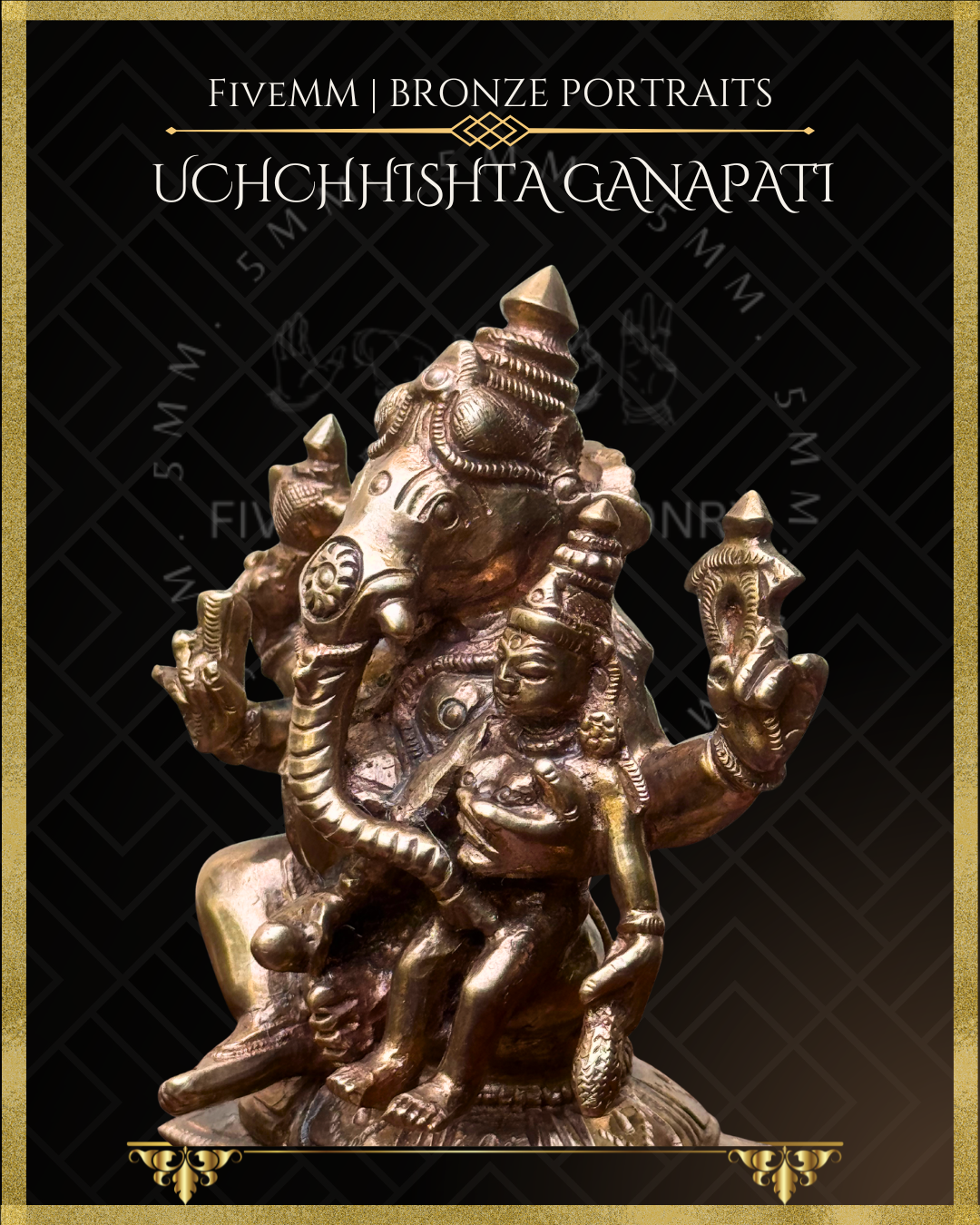 Close up left side view of Handcrafted Panchaloha bronze Uchchhishta Ganapati, silpa-sastra aligned and rooted in the South Indian iconographic tradition, depicted seated with Devi on his lap, multiple arms bearing attributes, detailed ornaments