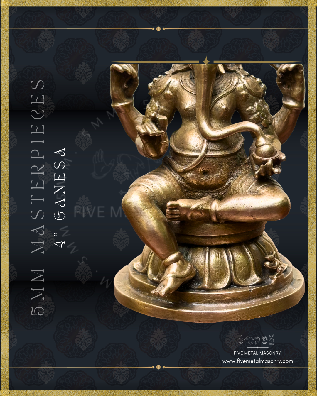 Close-up view of panchaloha bronze seated Ganesha icon from the Masterpieces collection showing lower body structure, curved trunk with modaka, lotus pedestal and mouse vahana in South Indian bronze style.