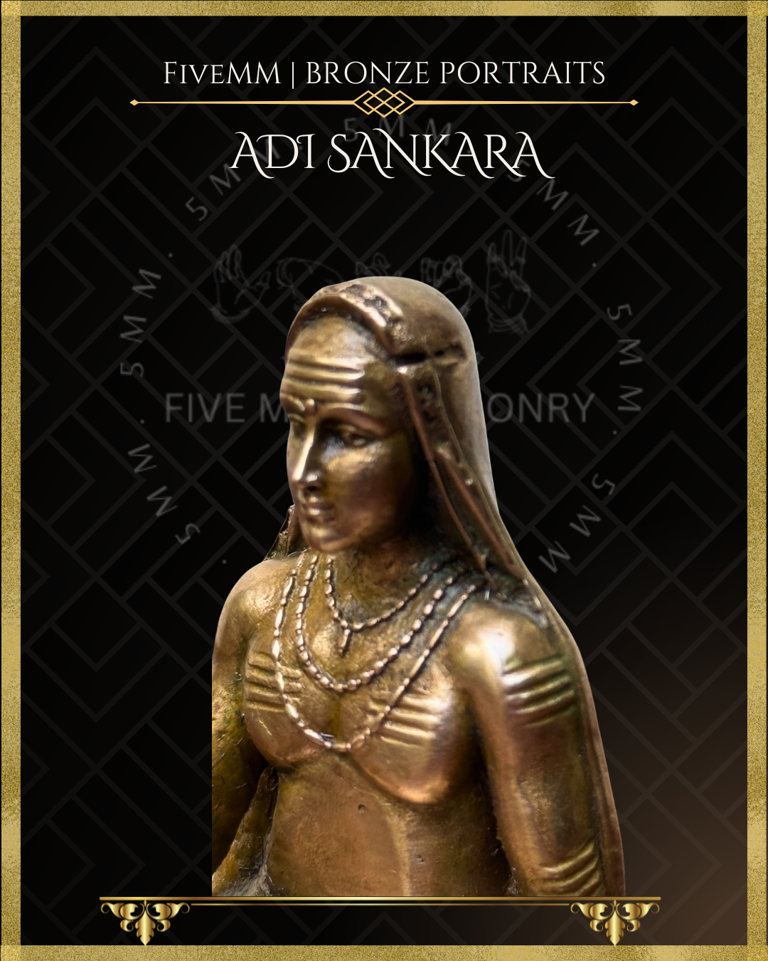 Right side closeup view of Handcrafted Panchaloha bronze icon of Adi Shankara featuring the Tripundra on the forehead, a draped head covering, layered necklaces, sacred thread, and simple ascetic attire 